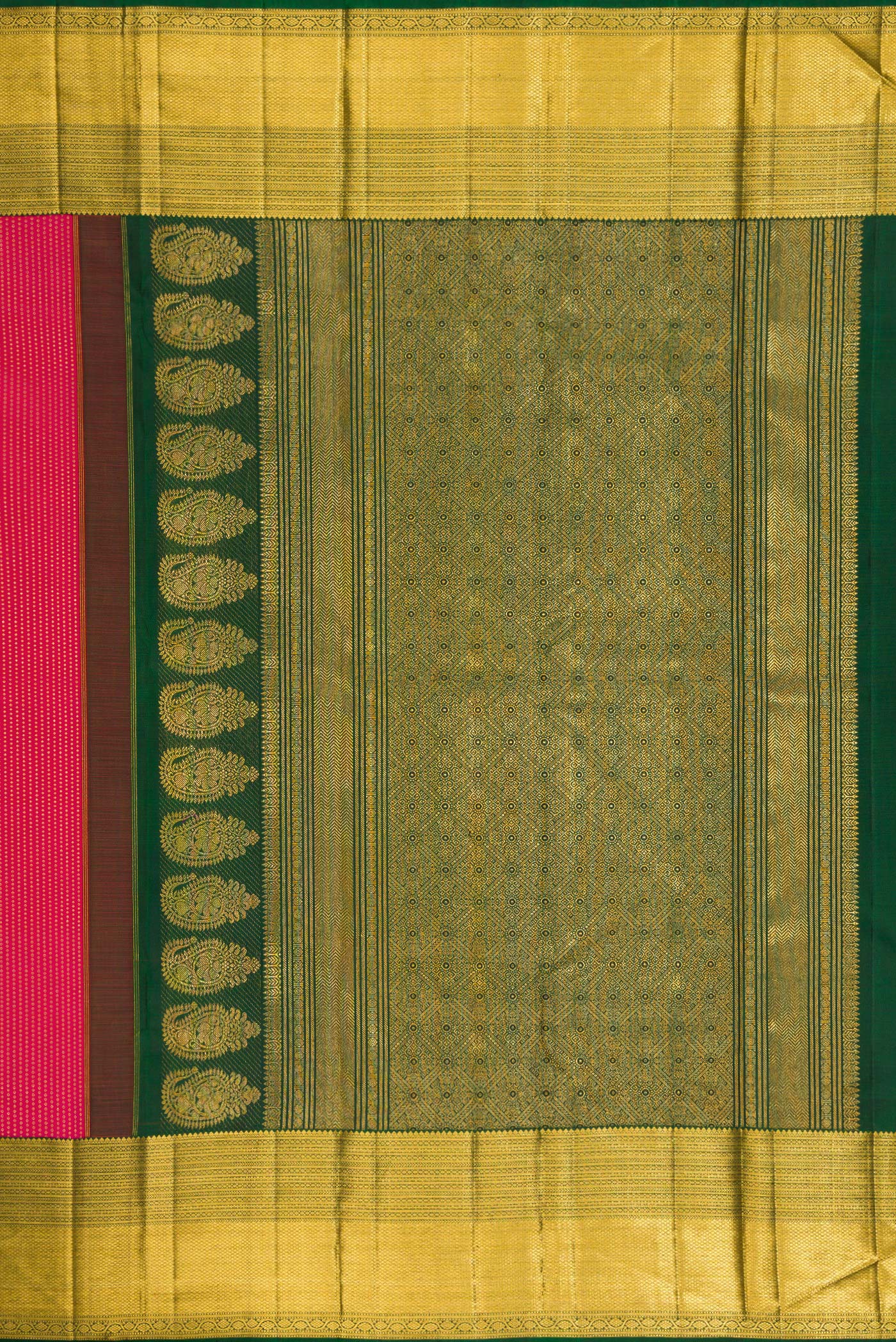 Close up image of the pallu of Dark Pink Dual Tone Kanchipuram Silk Saree with Zari Brocade on the body and Zari Border. 