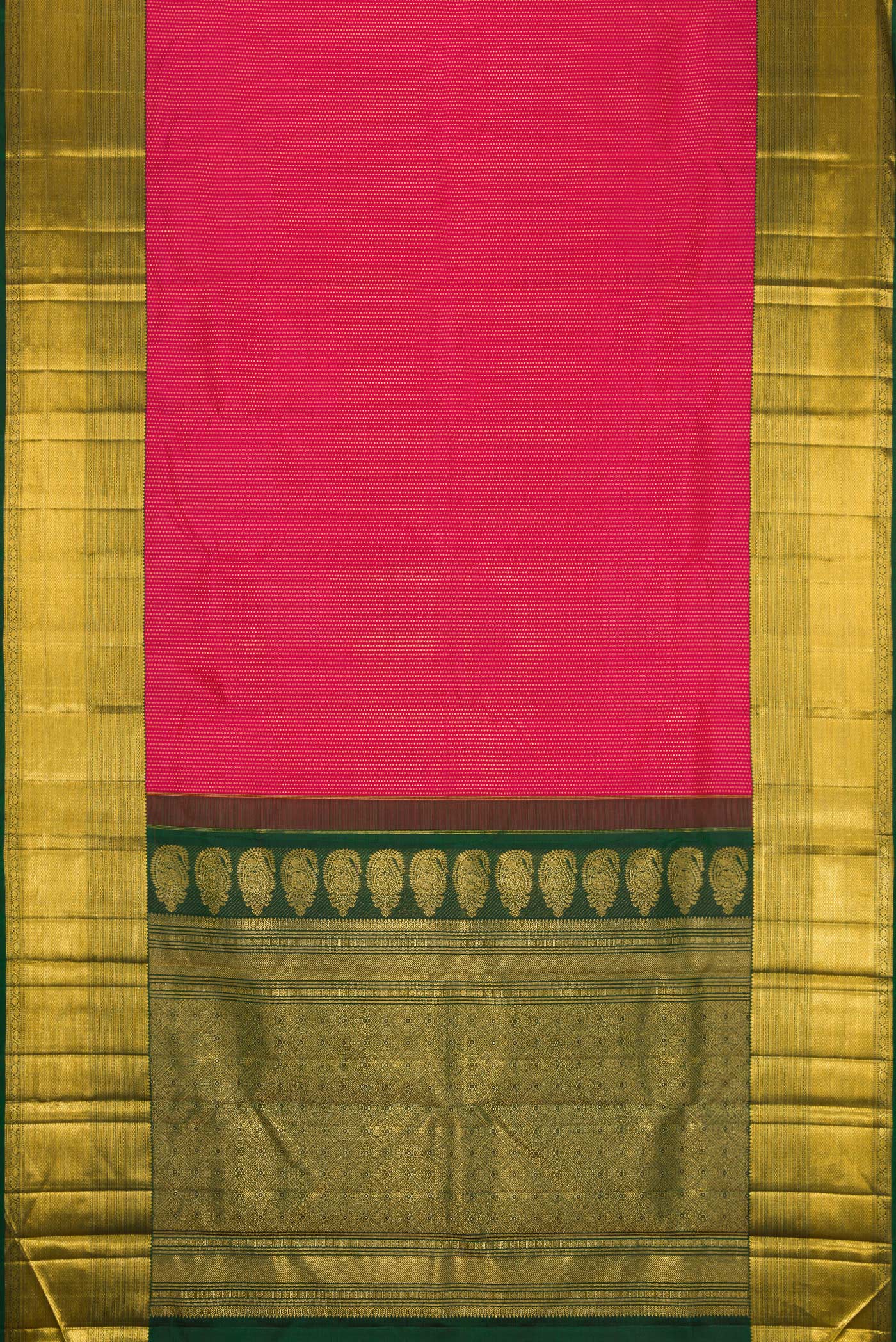 Flat view of Dark Pink Dual Tone Kanchipuram Silk Saree with Zari Brocade on the body and Zari Border. 