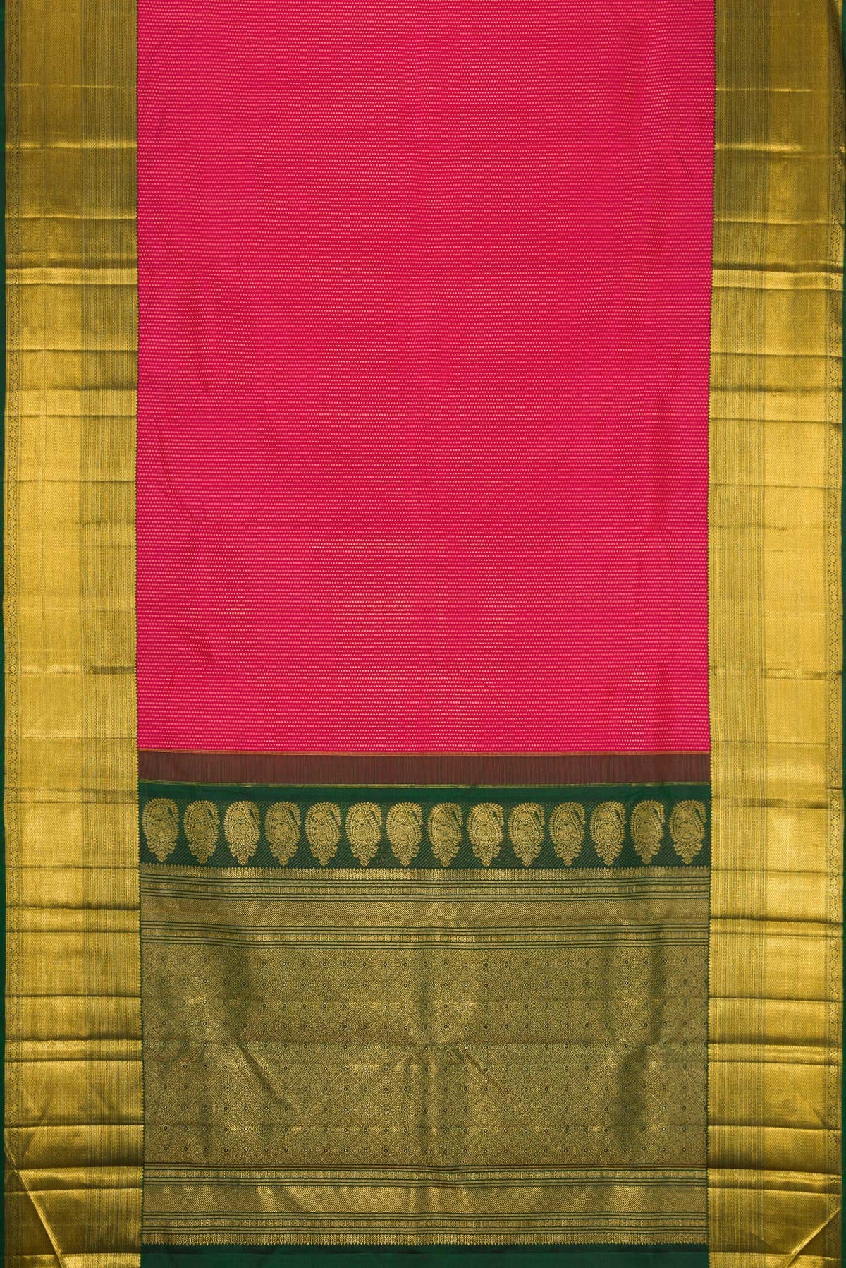 Flat view of Dark Pink Dual Tone Kanchipuram Silk Saree with Zari Brocade on the body and Zari Border. 
