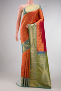 Dark Pink Dual Tone Kanchipuram Silk Saree with Zari Brocade on the body and Zari Border.  displayed on a mannequin