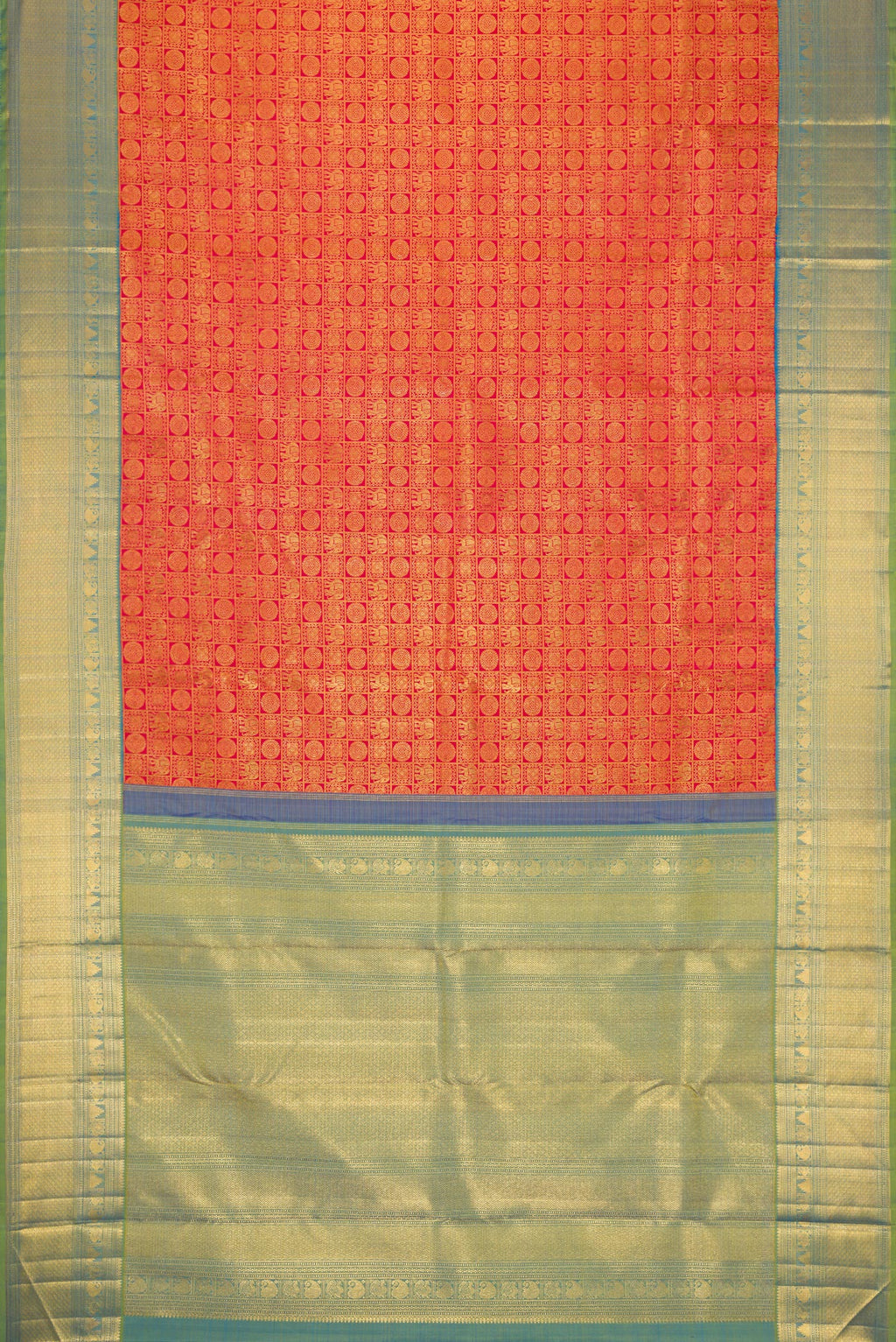 Flat view of Dark Pink Dual Tone Kanchipuram Silk Saree with Zari Brocade on the body and Zari Border. 