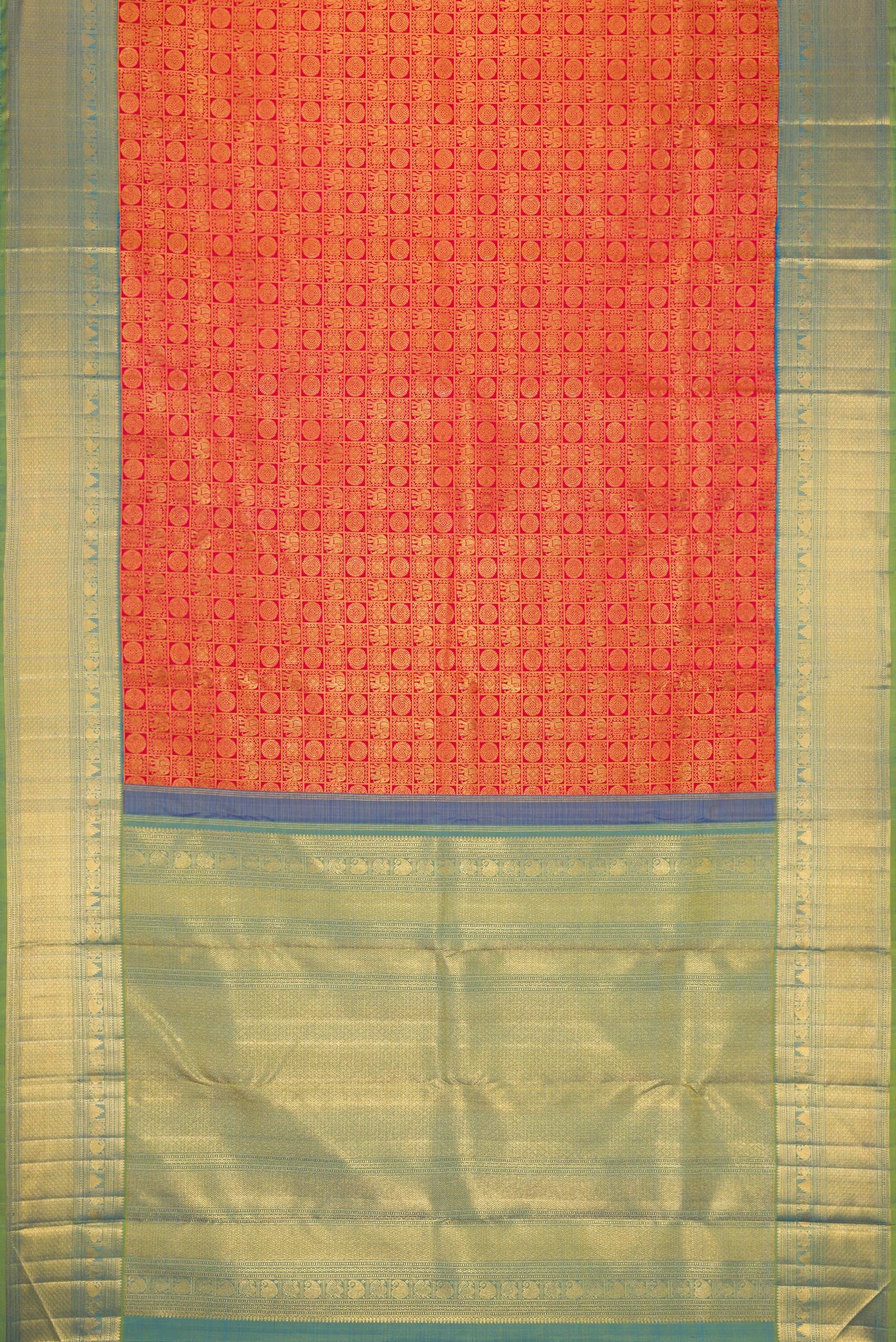 Flat view of Dark Pink Dual Tone Kanchipuram Silk Saree with Zari Brocade on the body and Zari Border. 