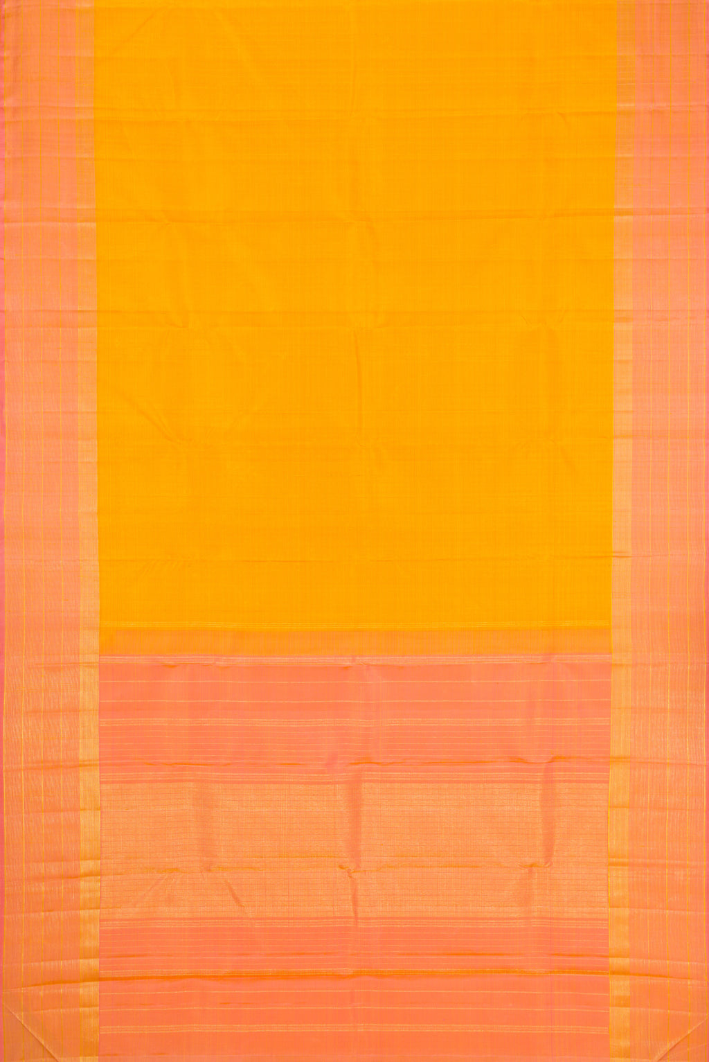 Flat view of Yellow Dual Tone Kanjivaram Silk Saree with Checked design on the body and Zari Border. 