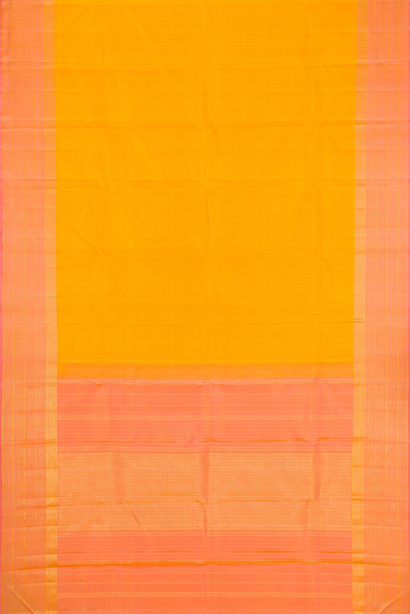 Flat view of Yellow Dual Tone Kanjivaram Silk Saree with Checked design on the body and Zari Border. 