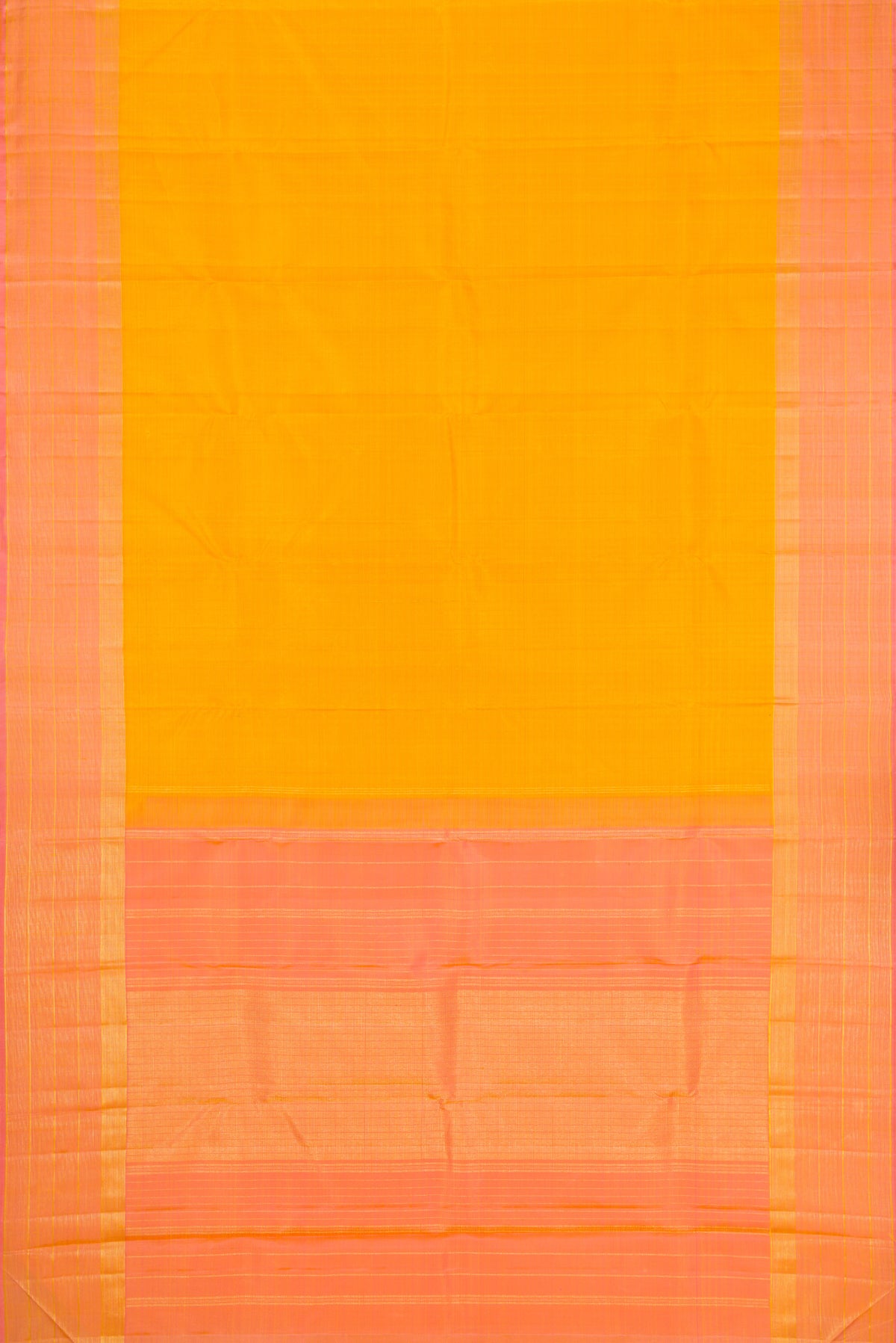 Flat view of Yellow Dual Tone Kanjivaram Silk Saree with Checked design on the body and Zari Border. 
