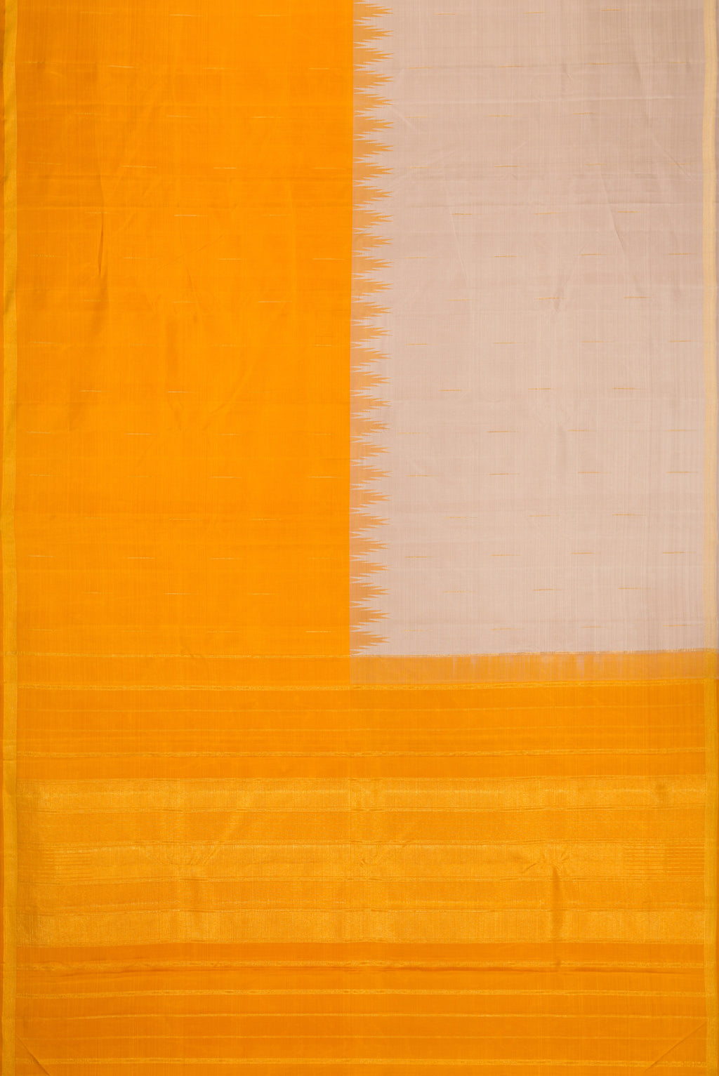 Flat view of Beige and Mustard Color Kanjivaram Silk Saree with Half And Half on the body and Thin Zari Line. 