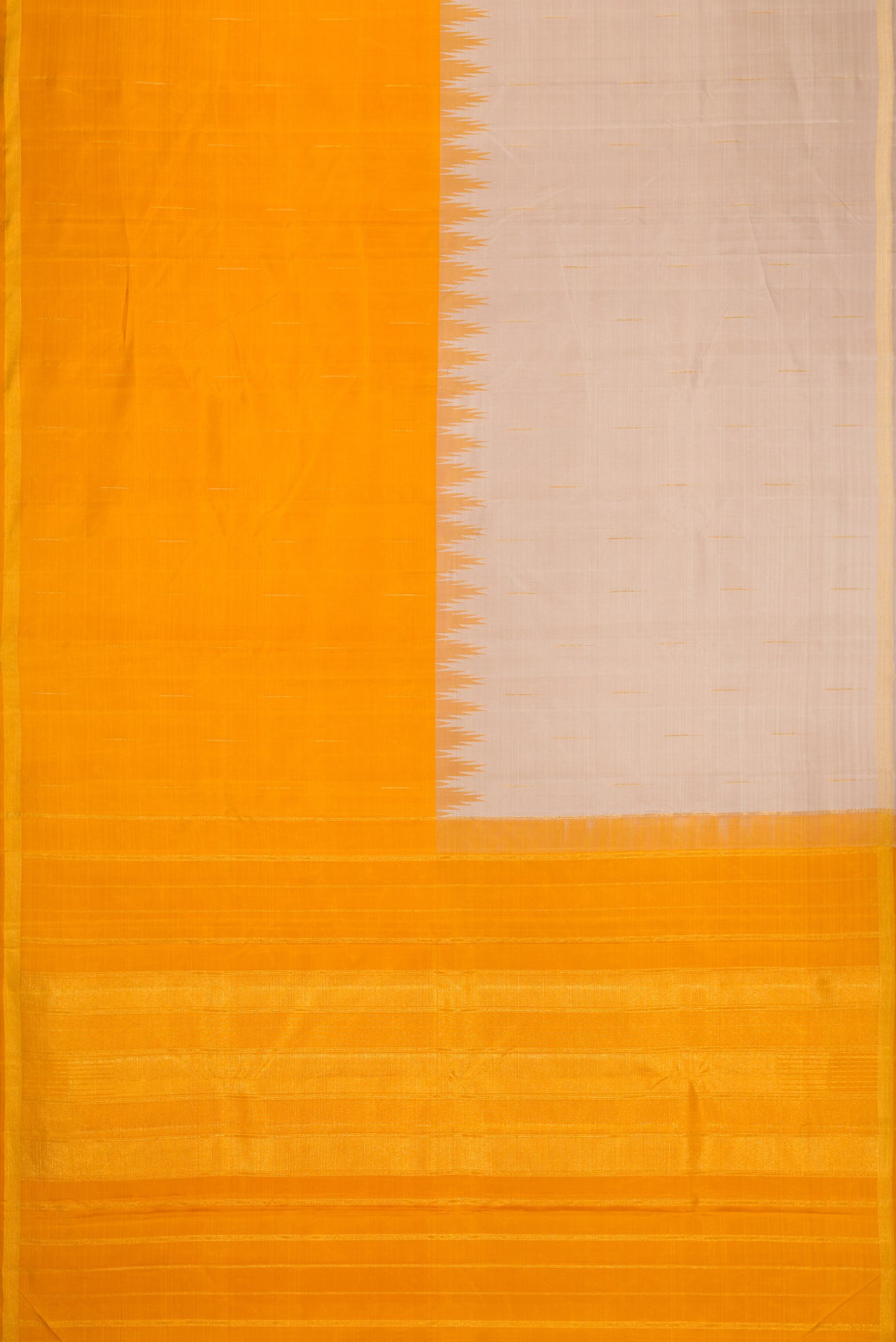 Flat view of Beige and Mustard Color Kanjivaram Silk Saree with Half And Half on the body and Thin Zari Line. 