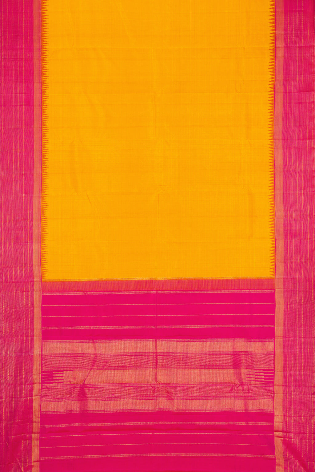 Flat view of Yellow Dual Tone Kanjivaram Silk Saree with Checked design on the body and Zari Border. 
