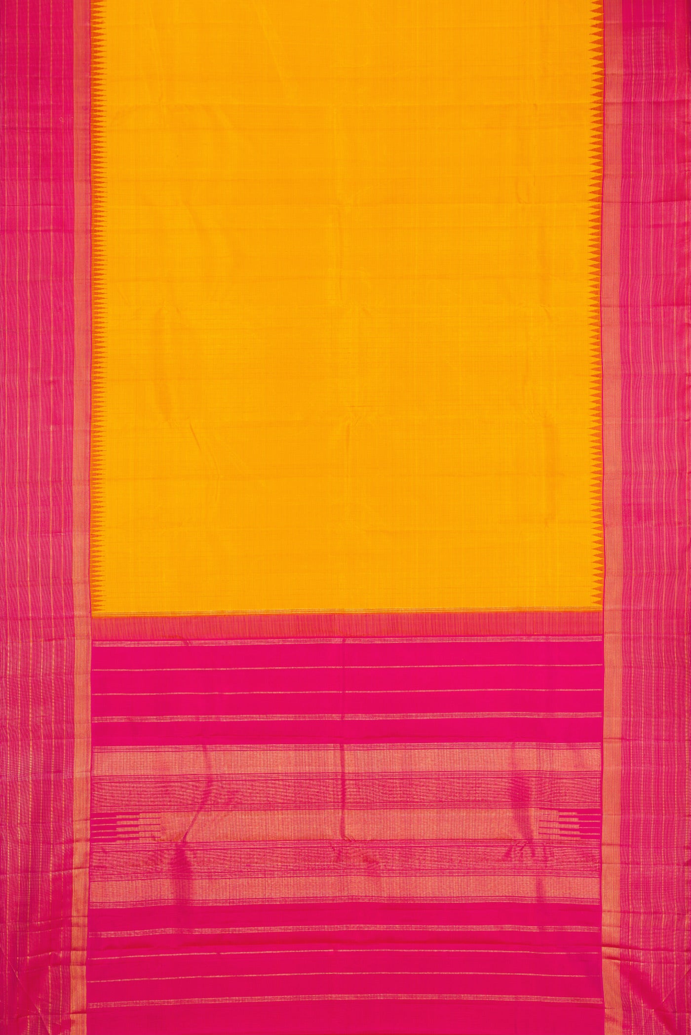 Flat view of Yellow Dual Tone Kanjivaram Silk Saree with Checked design on the body and Zari Border. 