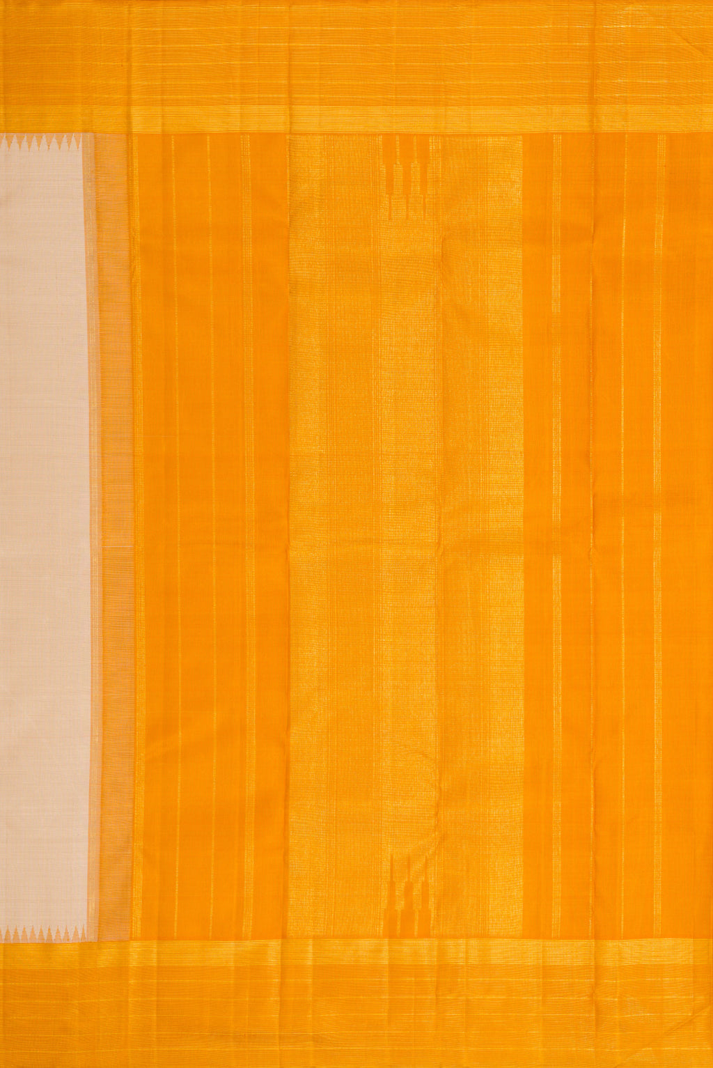 Close up image of the pallu of Beige Dual Tone Kanjivaram Silk Saree with Checked design on the body and Zari Border. 