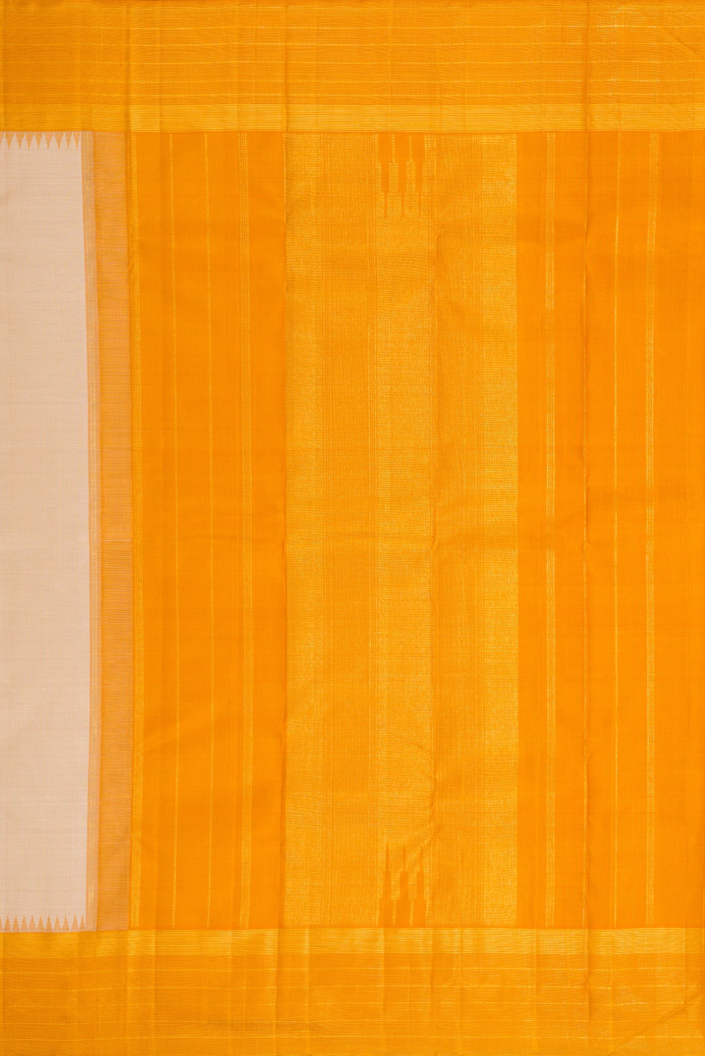 Close up image of the pallu of Beige Dual Tone Kanjivaram Silk Saree with Checked design on the body and Zari Border. 