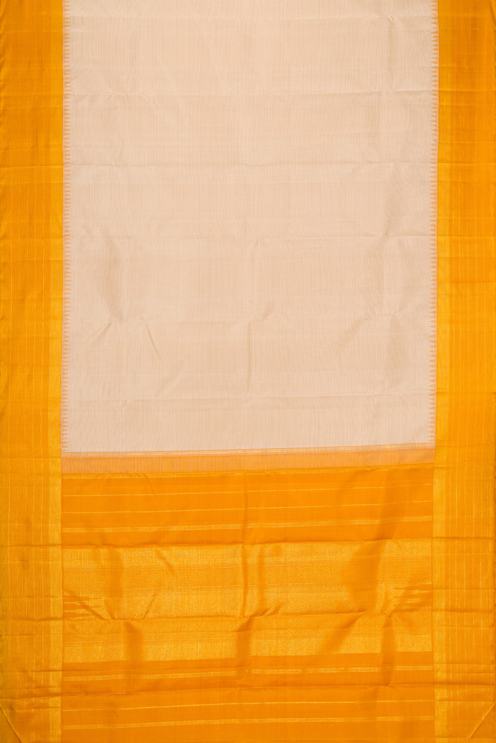 Flat view of Beige Dual Tone Kanjivaram Silk Saree with Checked design on the body and Zari Border. 
