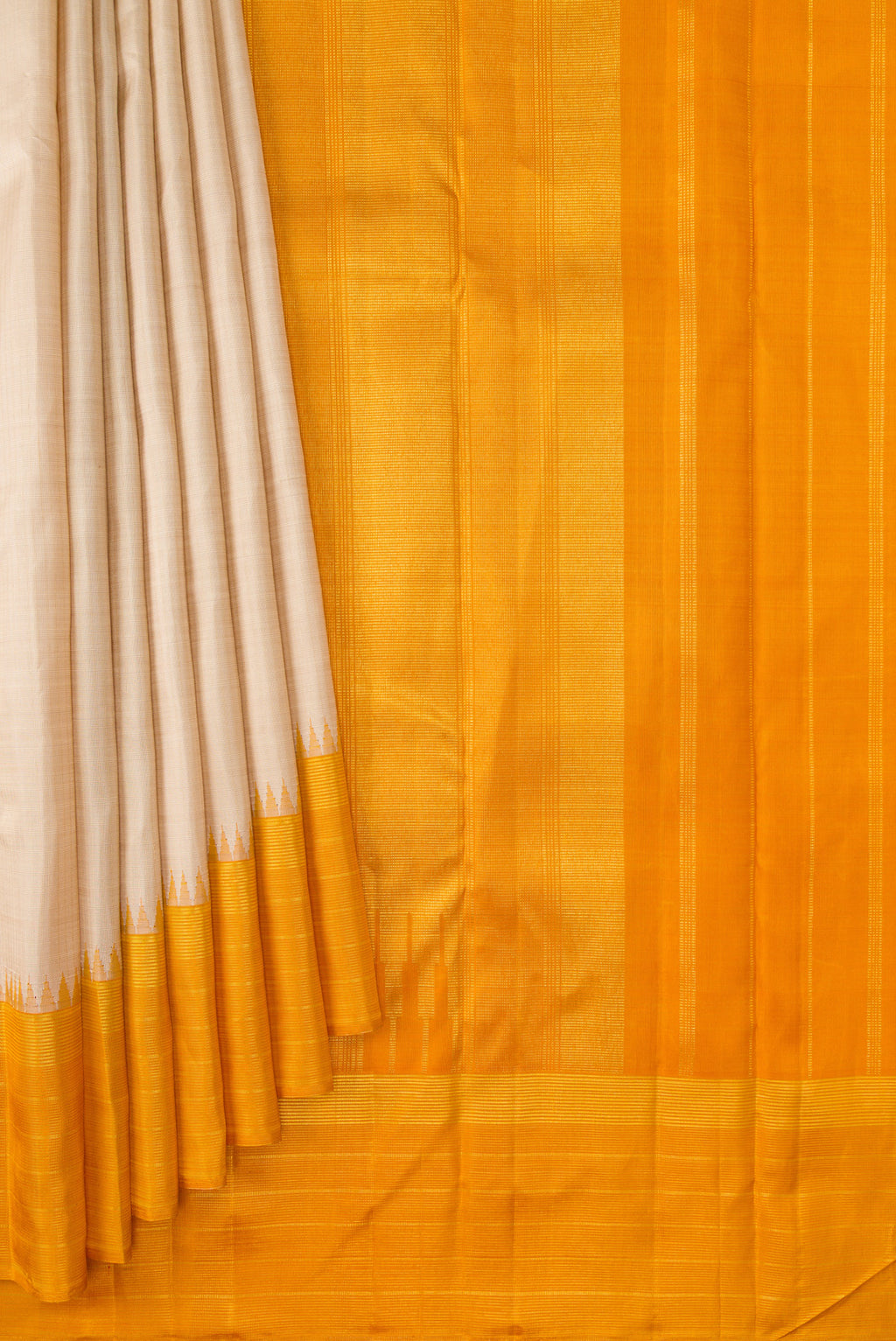 Pleats and pallu of Beige Dual Tone Kanjivaram Silk Saree with Checked design on the body and Zari Border. 