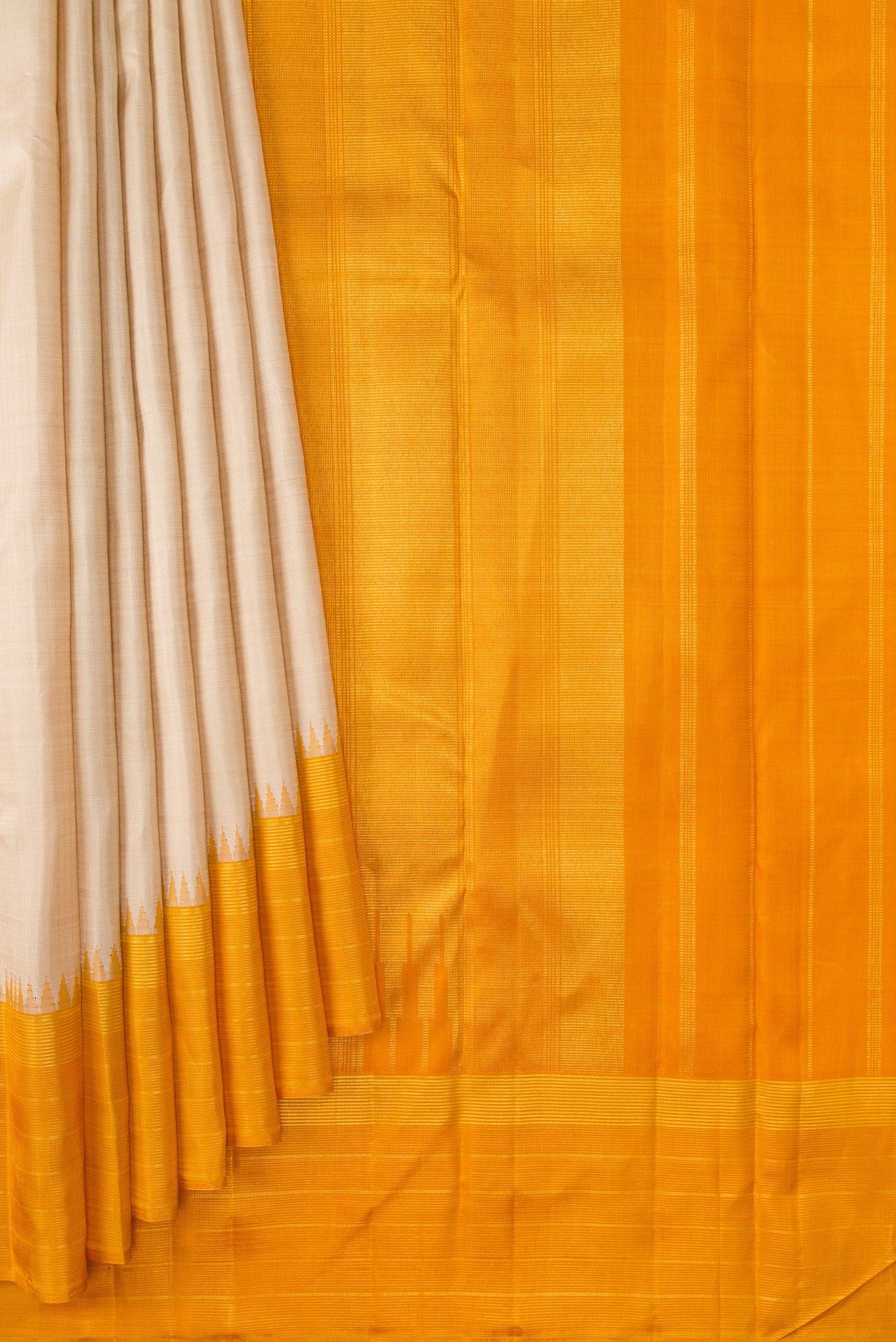 Pleats and pallu of Beige Dual Tone Kanjivaram Silk Saree with Checked design on the body and Zari Border. 