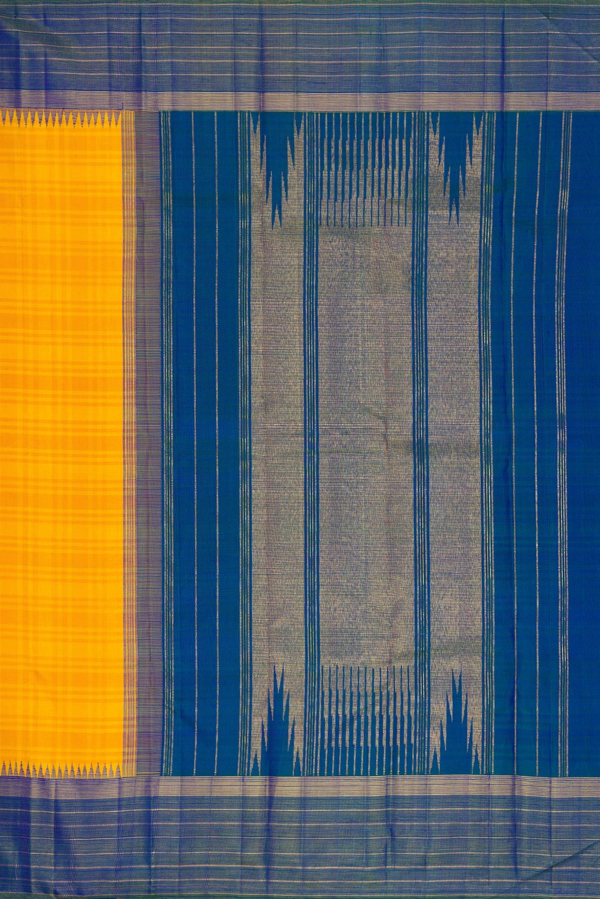 Close up image of the pallu of Yellow Dual Tone Kanjivaram Silk Saree with Stripes on the body and Zari Border. 