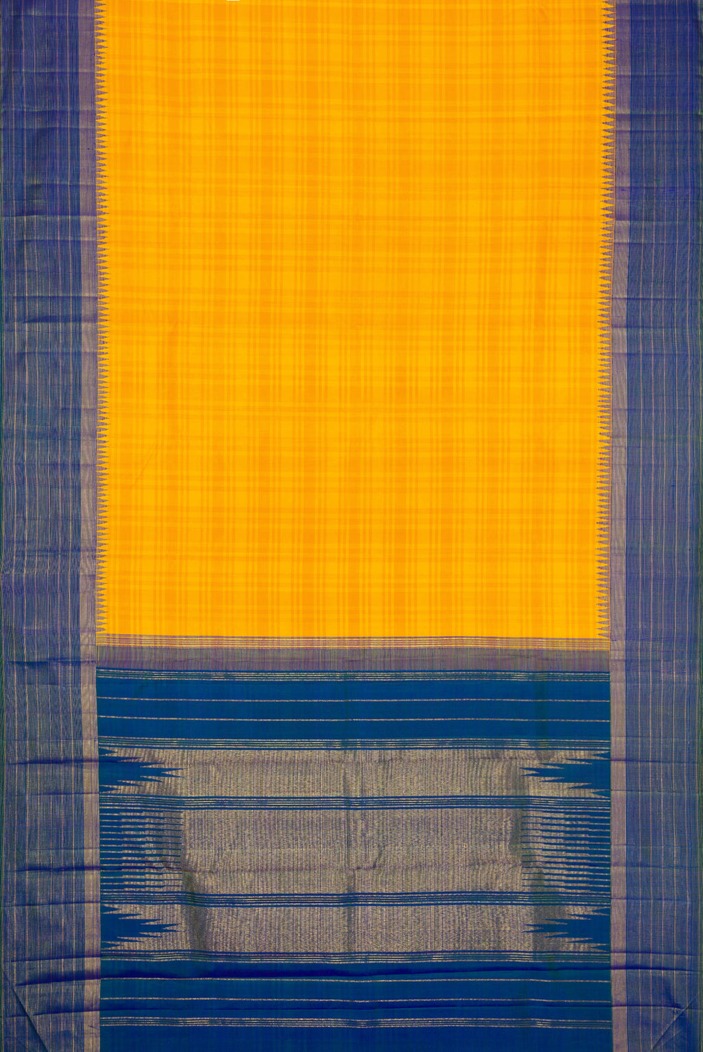 Flat view of Yellow Dual Tone Kanjivaram Silk Saree with Stripes on the body and Zari Border. 