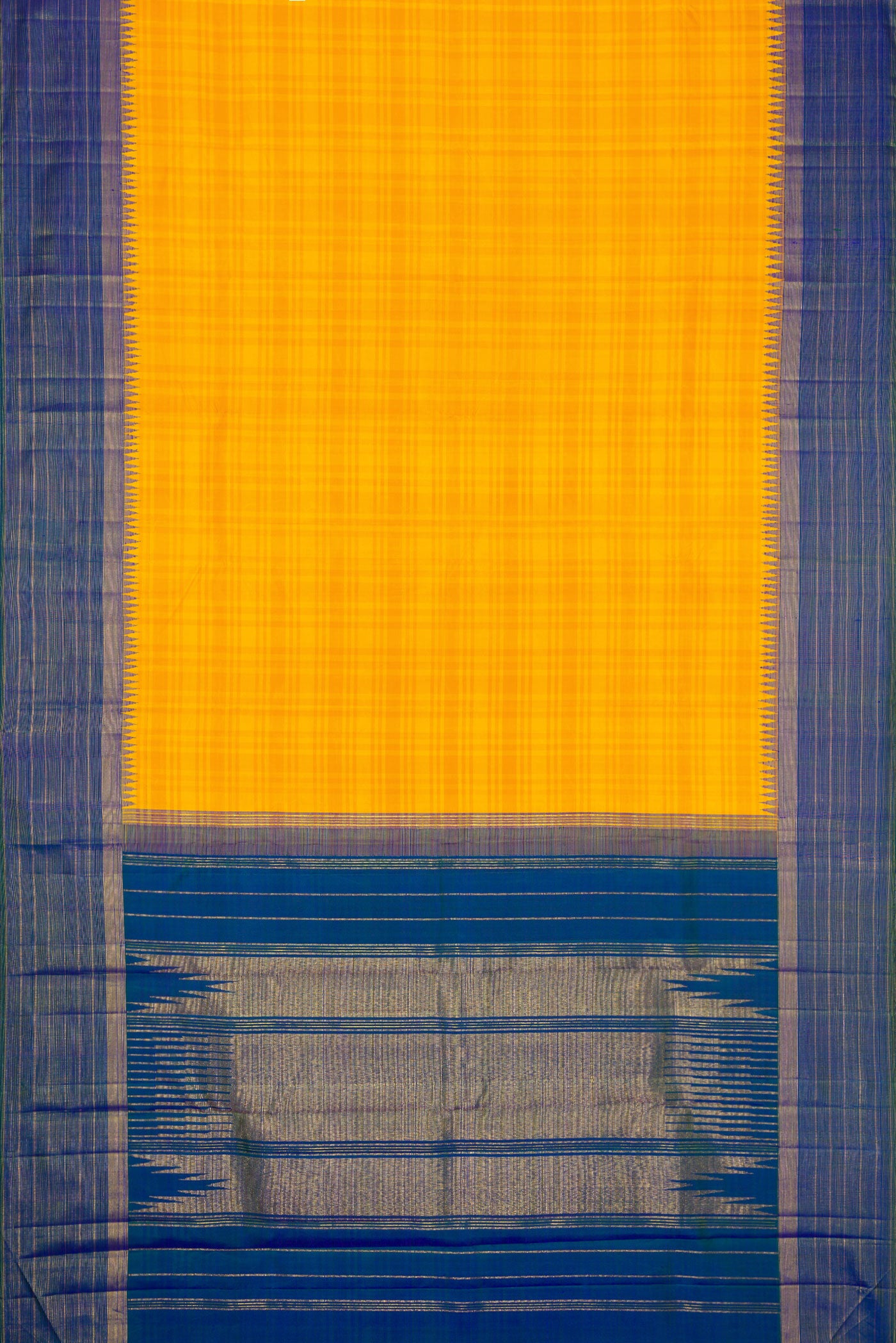 Flat view of Yellow Dual Tone Kanjivaram Silk Saree with Stripes on the body and Zari Border. 