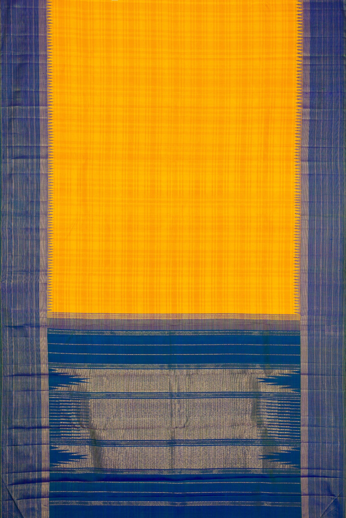 Flat view of Yellow Dual Tone Kanjivaram Silk Saree with Stripes on the body and Zari Border. 