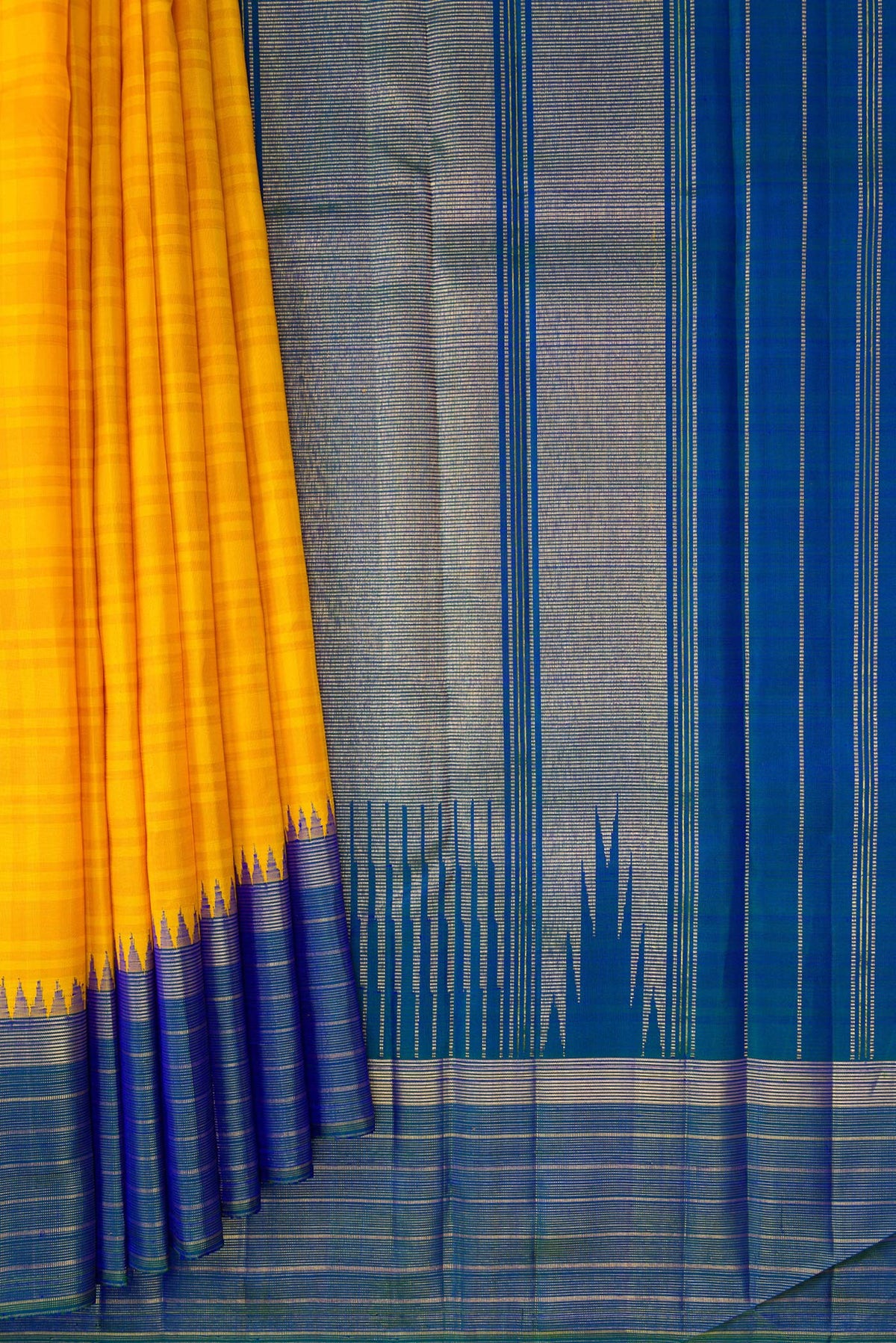 Pleats and pallu of Yellow Dual Tone Kanjivaram Silk Saree with Stripes on the body and Zari Border. 