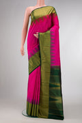 Pink Dual Tone Kanjivaram Silk Saree with Plain Body and Temple Border.  displayed on a mannequin