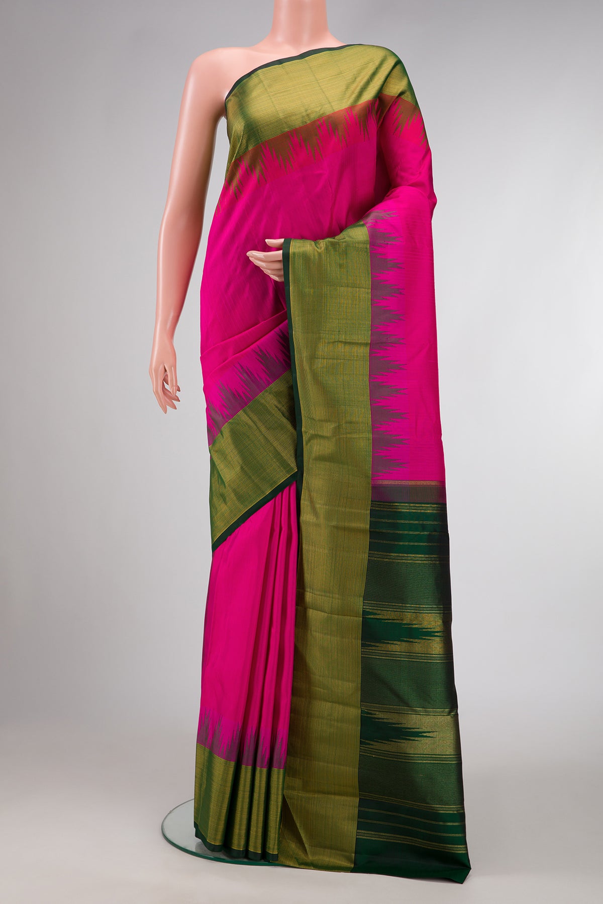 Pink Dual Tone Kanjivaram Silk Saree with Plain Body and Temple Border.  displayed on a mannequin