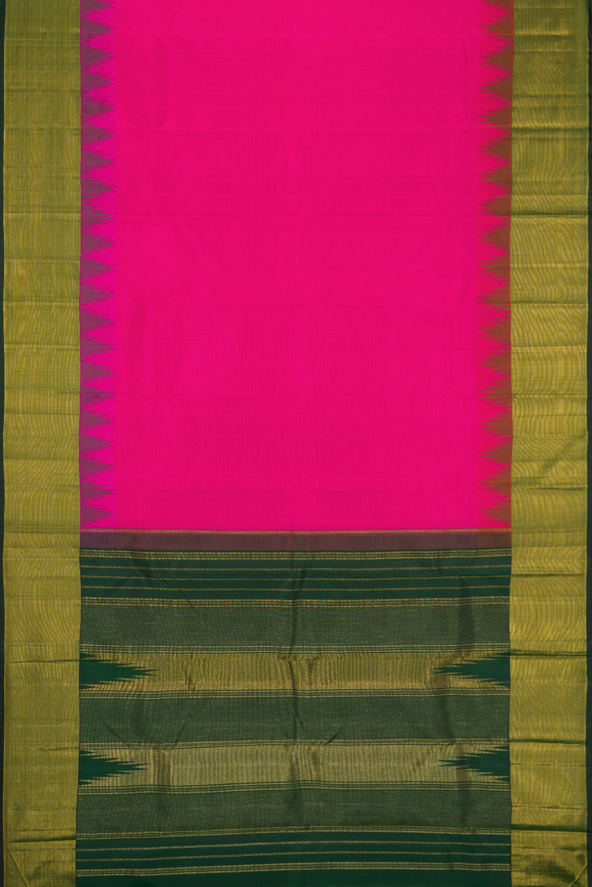 Flat view of Pink Dual Tone Kanjivaram Silk Saree with Plain Body and Temple Border. 