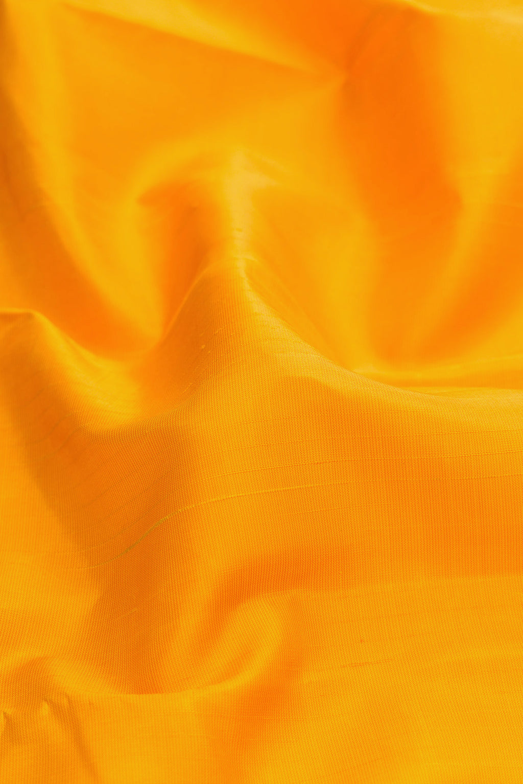 Close up of Mustard Dual Tone Kanjivaram Silk Saree with Plain Body and Temple Border.  displaying folds