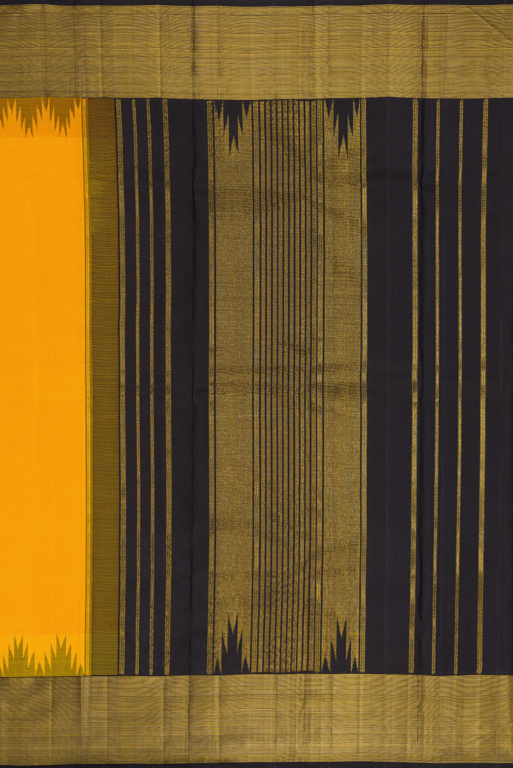 Close up image of the pallu of Mustard Dual Tone Kanjivaram Silk Saree with Plain Body and Temple Border. 