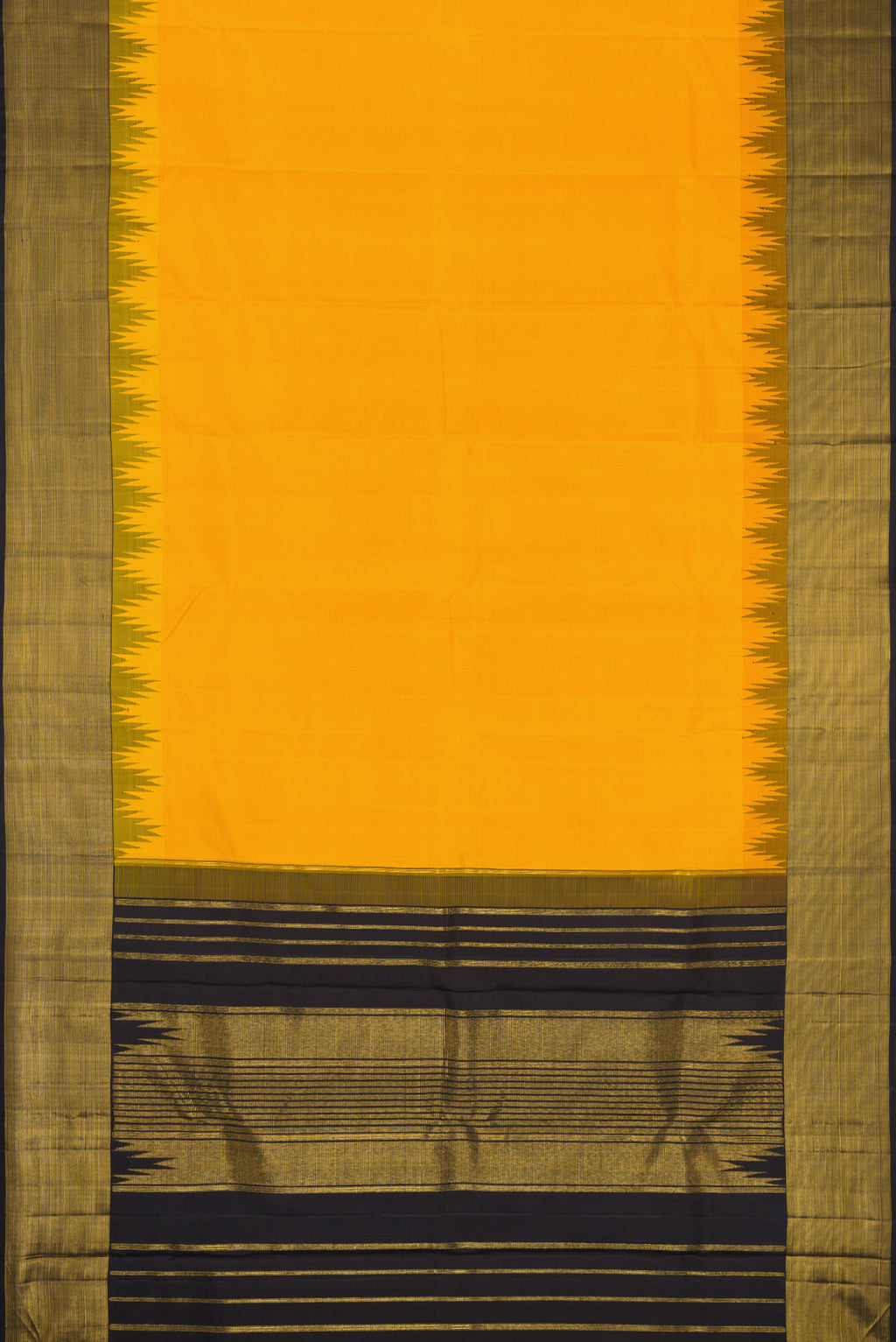 Flat view of Mustard Dual Tone Kanjivaram Silk Saree with Plain Body and Temple Border. 