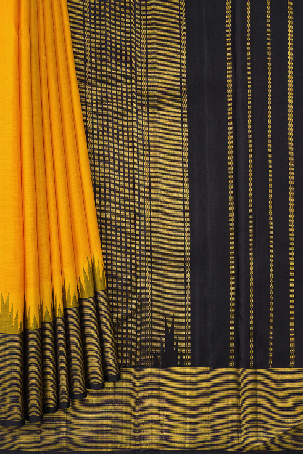 Pleats and pallu of Mustard Dual Tone Kanjivaram Silk Saree with Plain Body and Temple Border. 