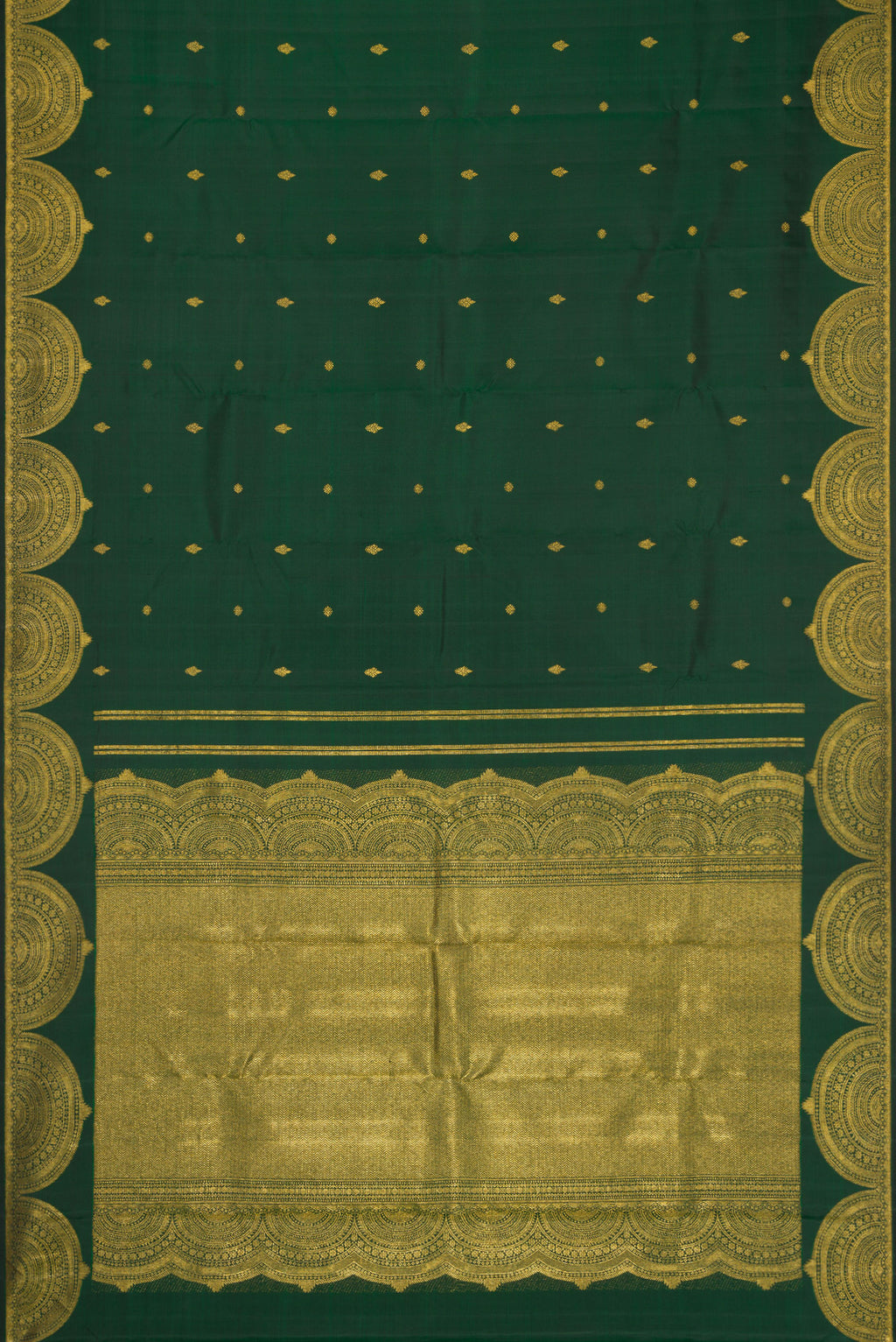Flat view of Green Dual Tone Kanjivaram Silk Saree with Zari Butta on the body and Fancy Border. 