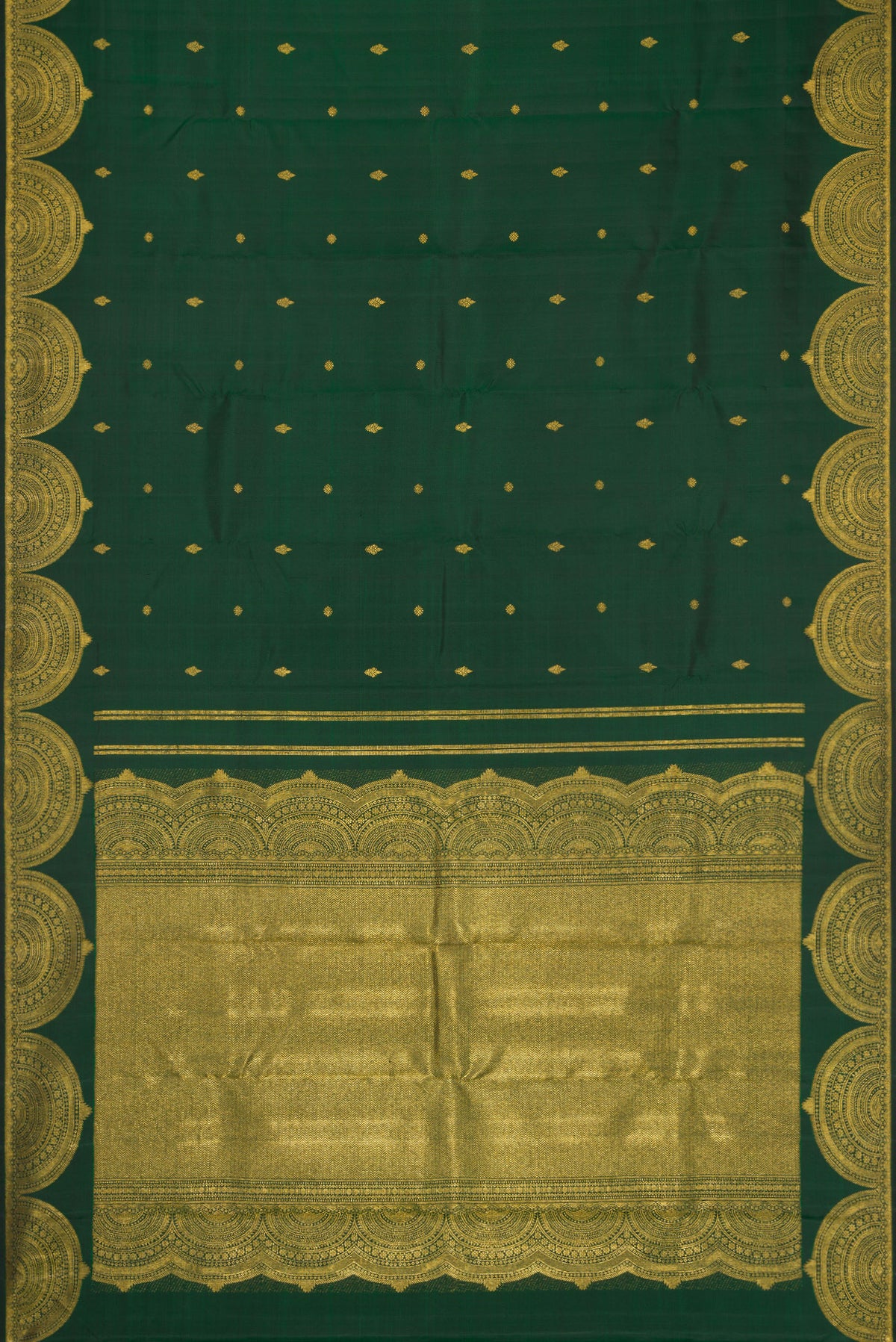 Flat view of Green Dual Tone Kanjivaram Silk Saree with Zari Butta on the body and Fancy Border. 