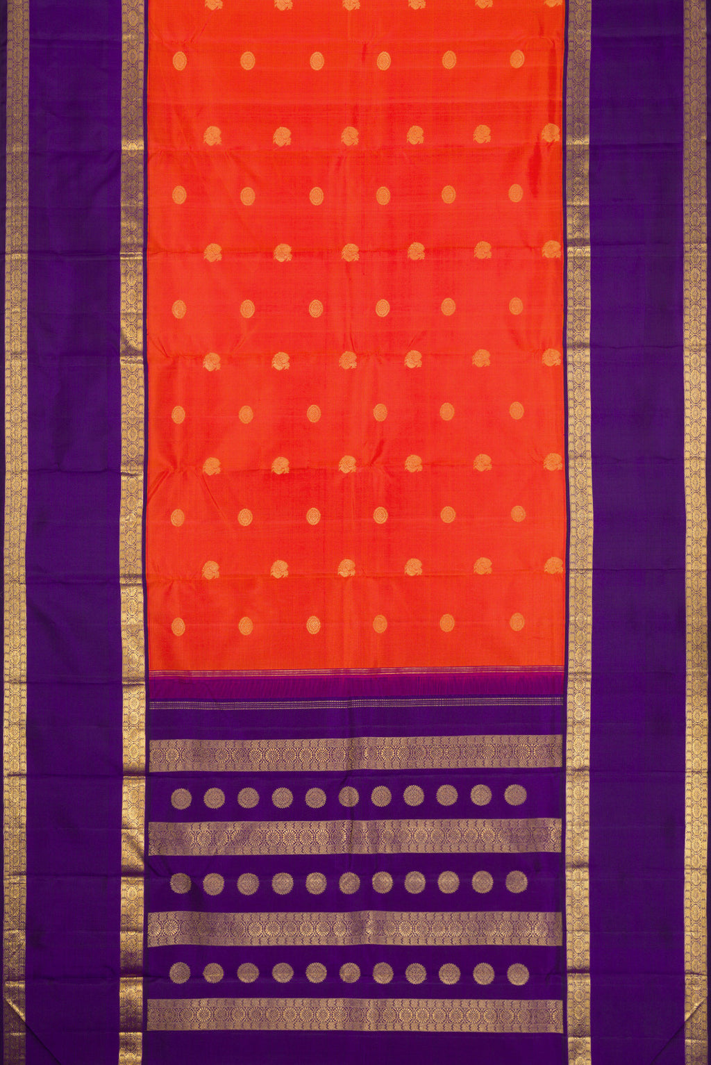 Flat view of Orange Dual Tone Kanjivaram Silk Saree with Zari Butta on the body and Zari Border. 