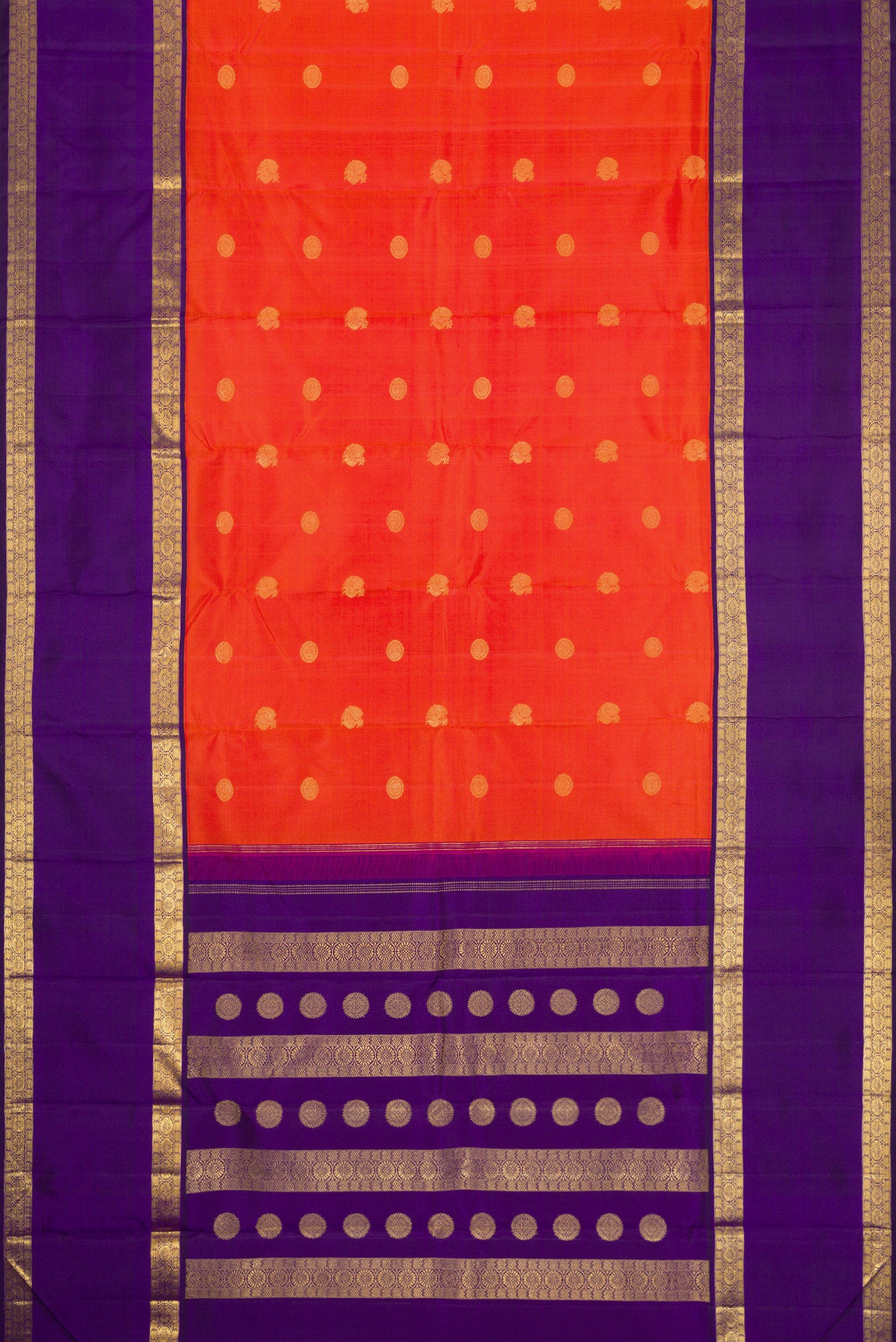 Flat view of Orange Dual Tone Kanjivaram Silk Saree with Zari Butta on the body and Zari Border. 