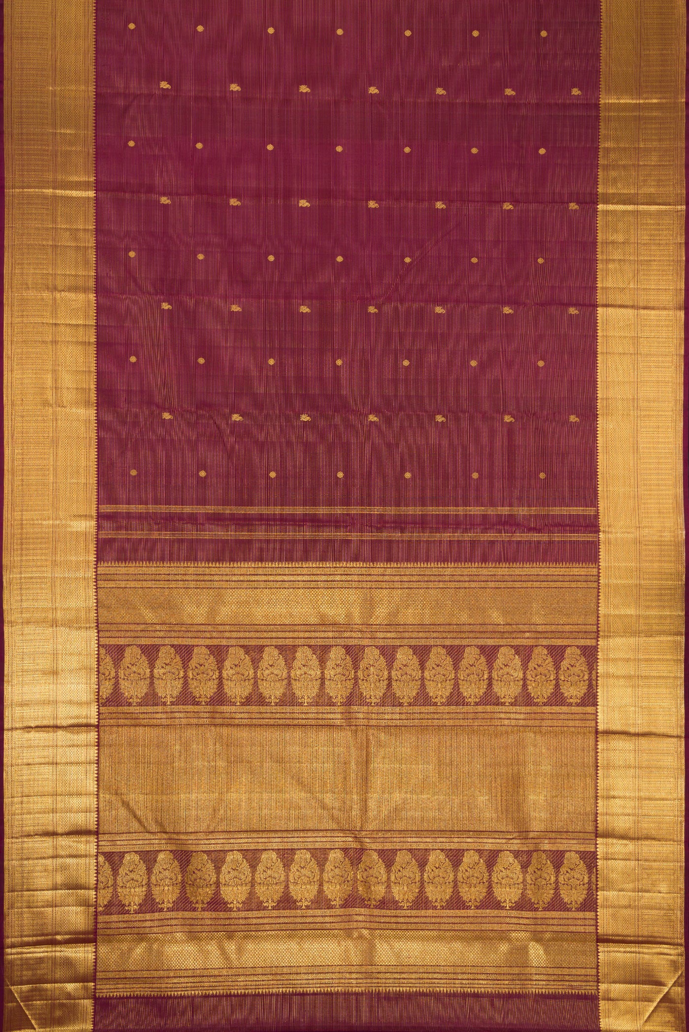 Flat view of Burgundy Dual Tone Kanjivaram Silk Saree with Stripes on the body and Zari Border. 