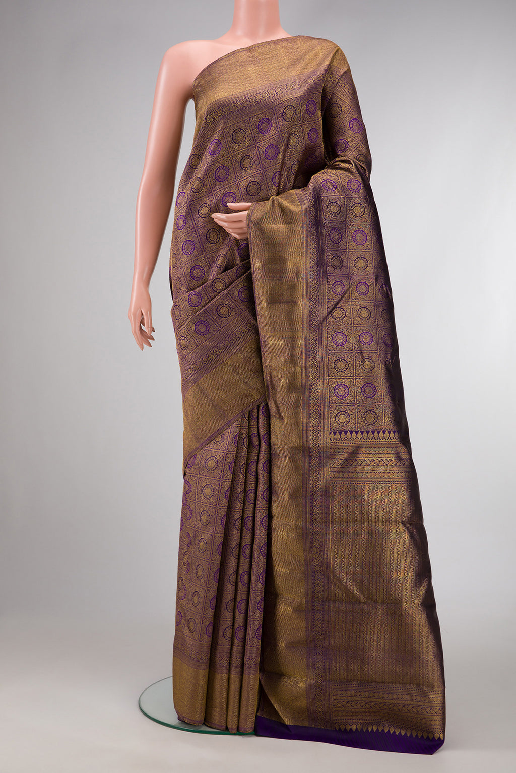 Violet Dual Tone Kanchipuram Silk Saree with Zari Brocade on the body and Zari Border.  displayed on a mannequin