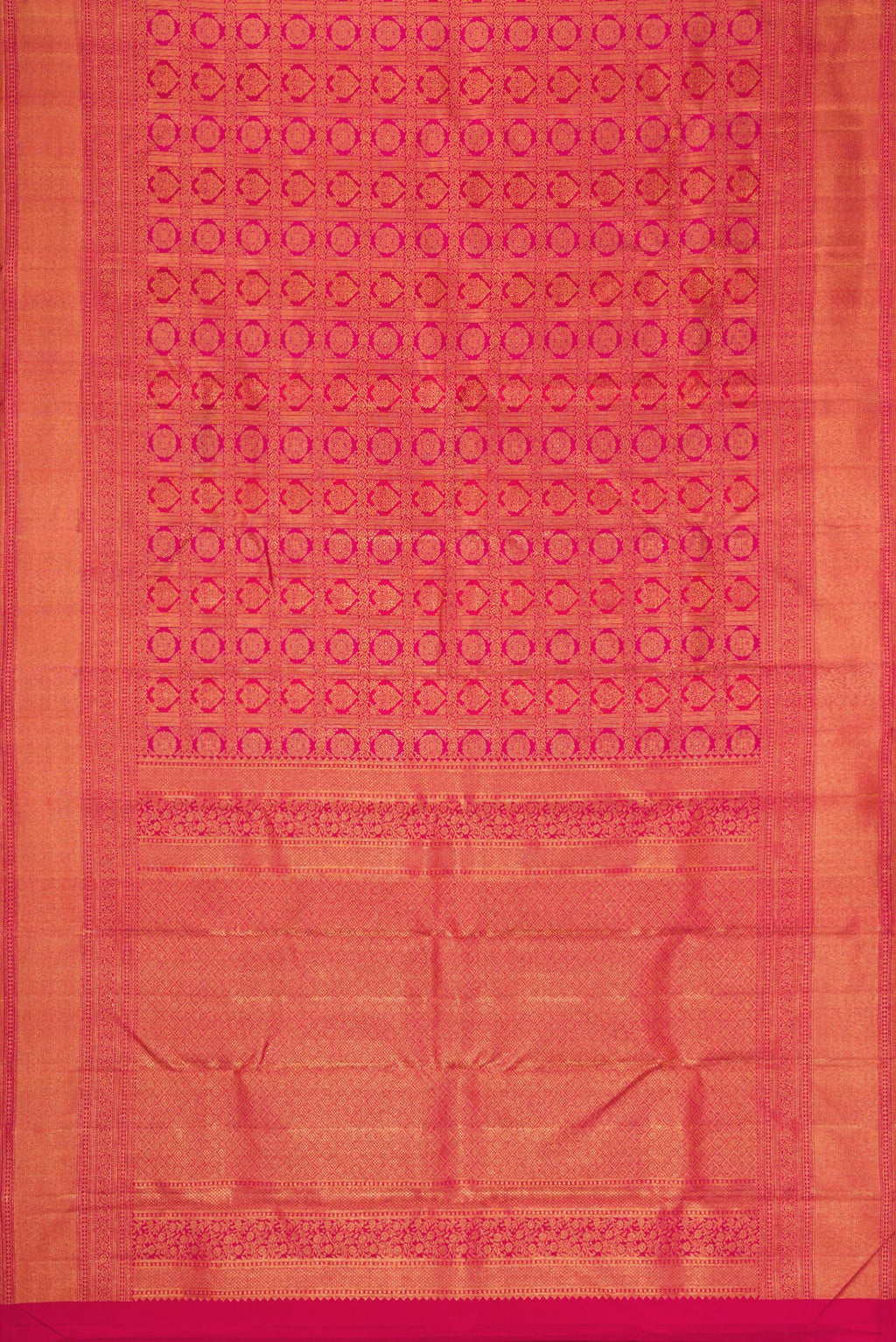 Flat view of Dark Pink Dual Tone Kanchipuram Silk Saree with Zari Brocade on the body and Zari Border. 