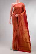 Red Dual Tone Kanchipuram Silk Saree with Zari Brocade on the body and Zari Border.  displayed on a mannequin