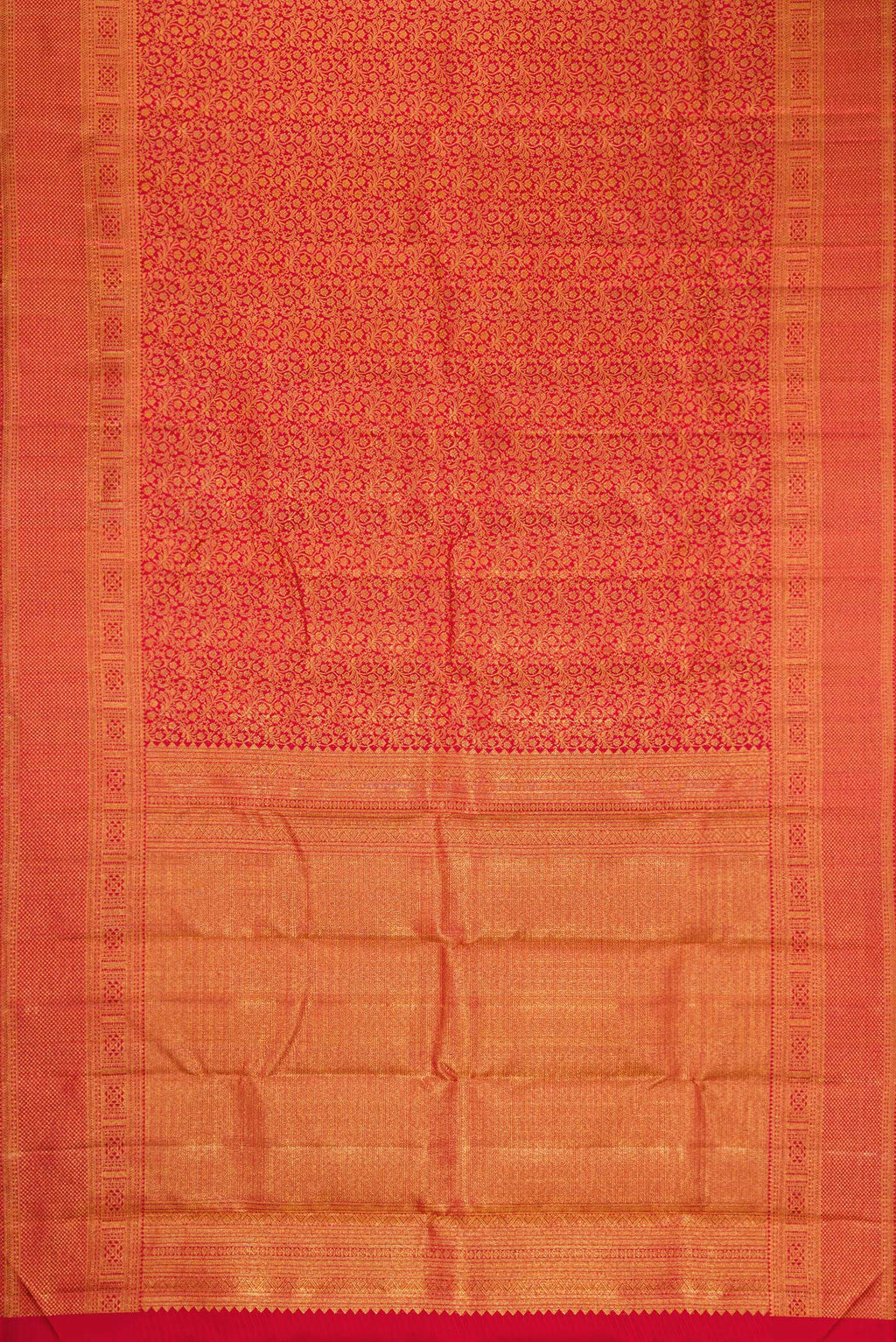 Flat view of Red Dual Tone Kanchipuram Silk Saree with Zari Brocade on the body and Zari Border. 