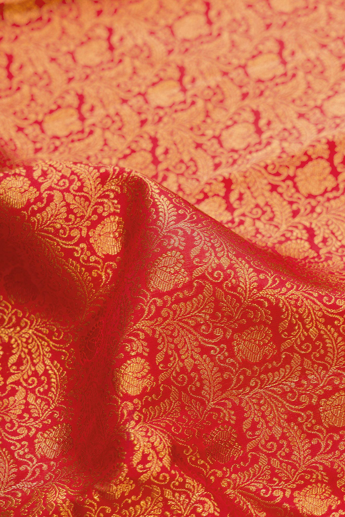 Close up of Red Dual Tone Kanchipuram Silk Saree with Zari Brocade on the body and Zari Border.  displaying folds