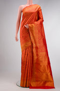 Red Dual Tone Kanchipuram Silk Saree with Zari Brocade on the body and Zari Border.  displayed on a mannequin