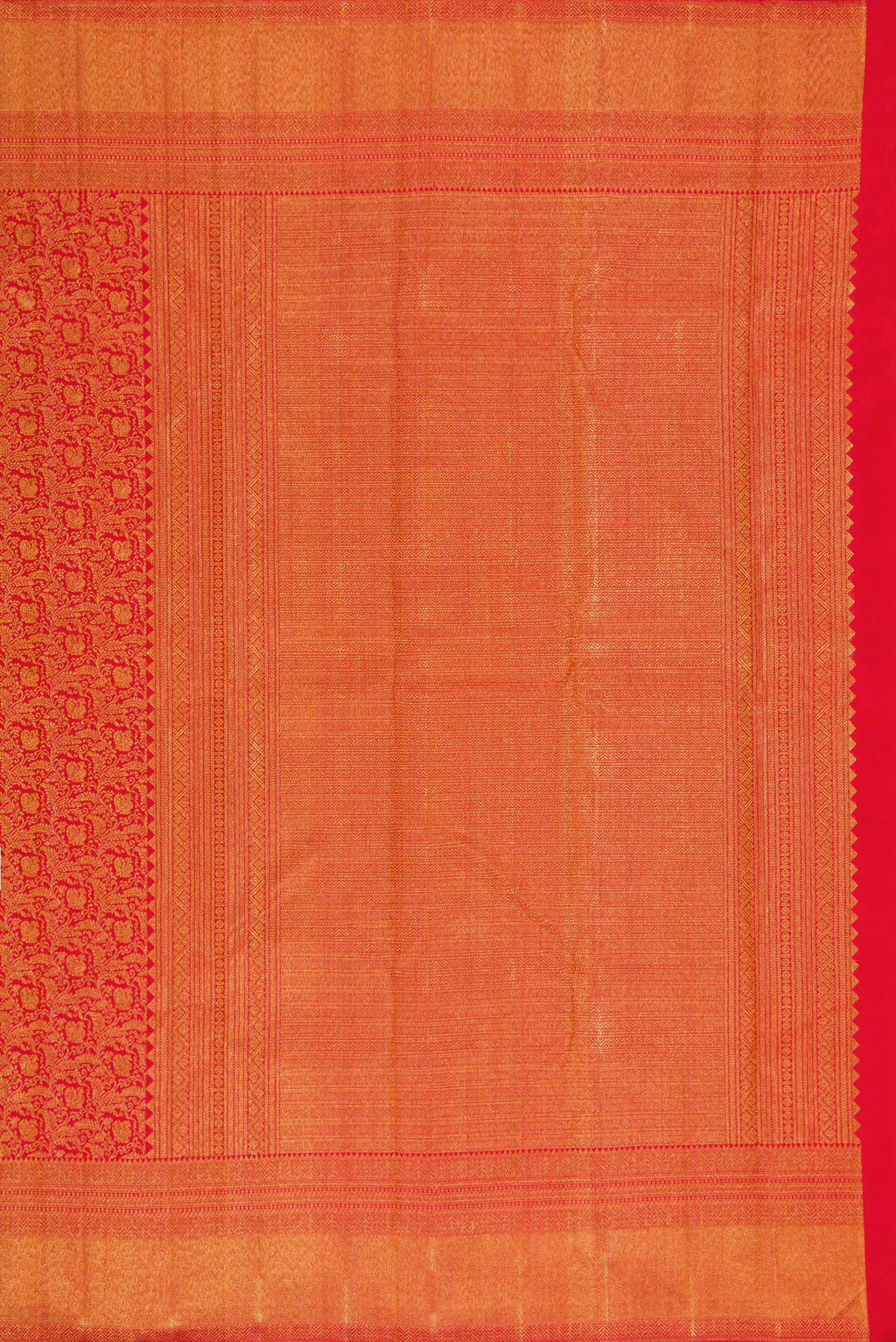 Close up image of the pallu of Red Dual Tone Kanchipuram Silk Saree with Zari Brocade on the body and Zari Border. 