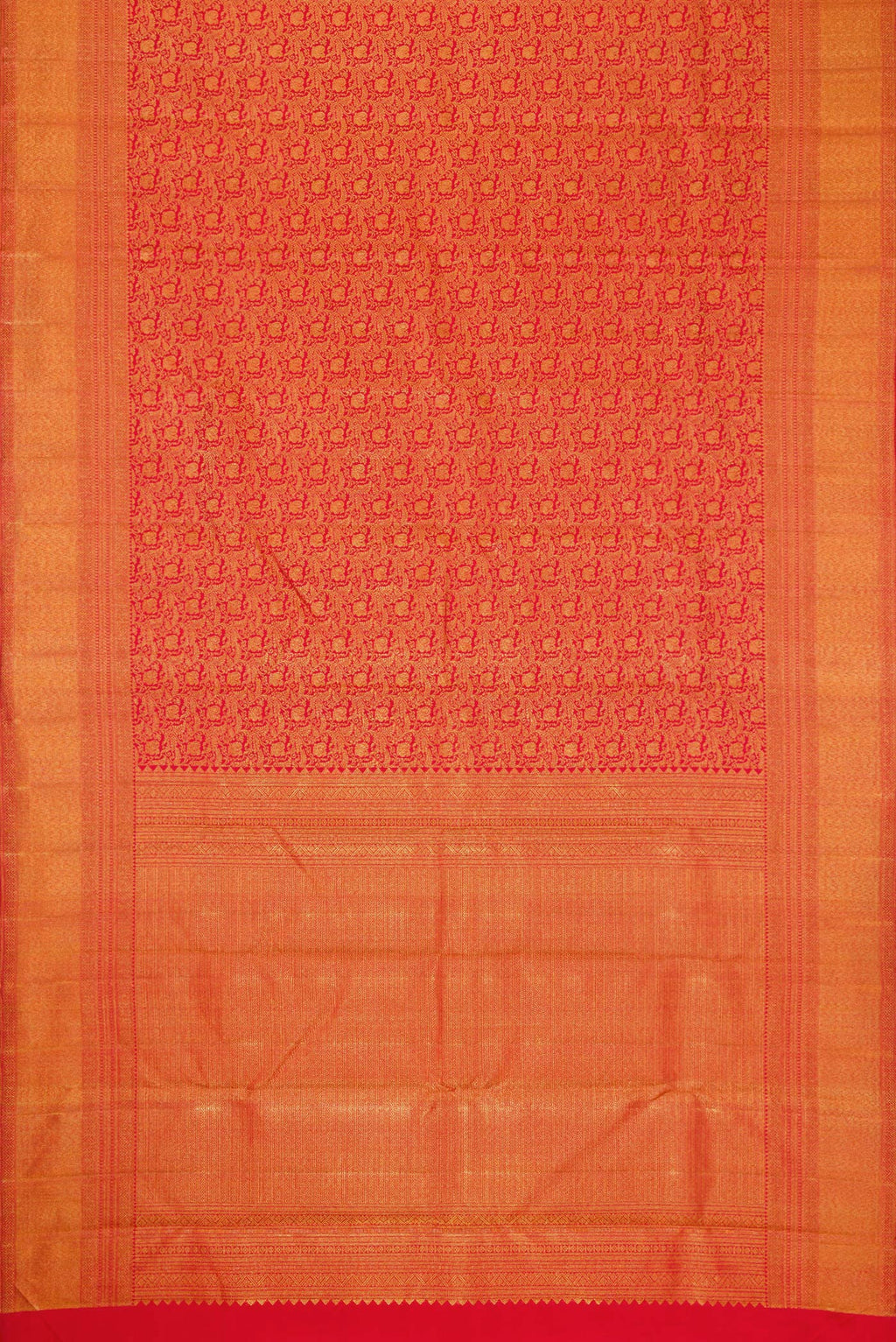 Flat view of Red Dual Tone Kanchipuram Silk Saree with Zari Brocade on the body and Zari Border. 