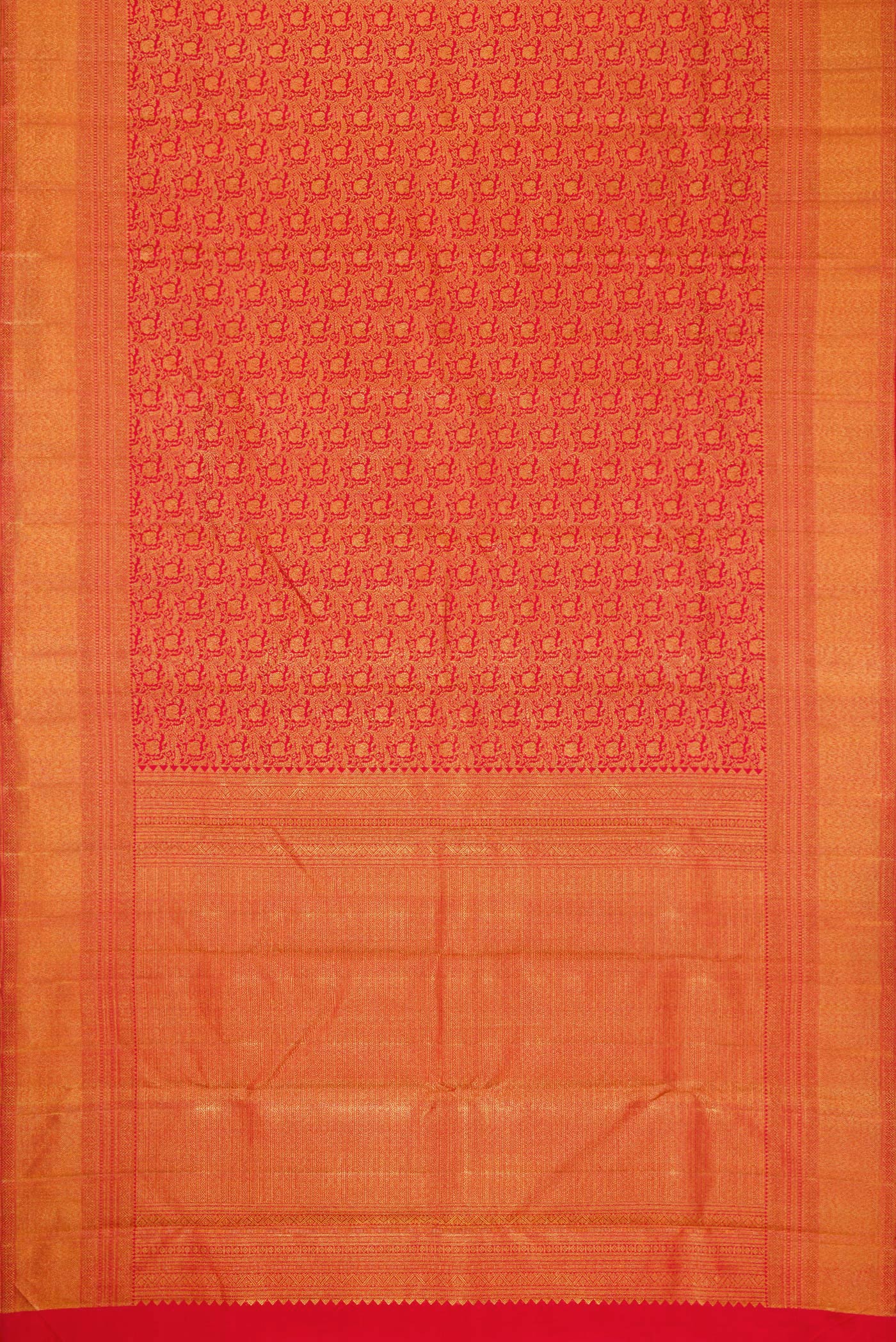 Flat view of Red Dual Tone Kanchipuram Silk Saree with Zari Brocade on the body and Zari Border. 