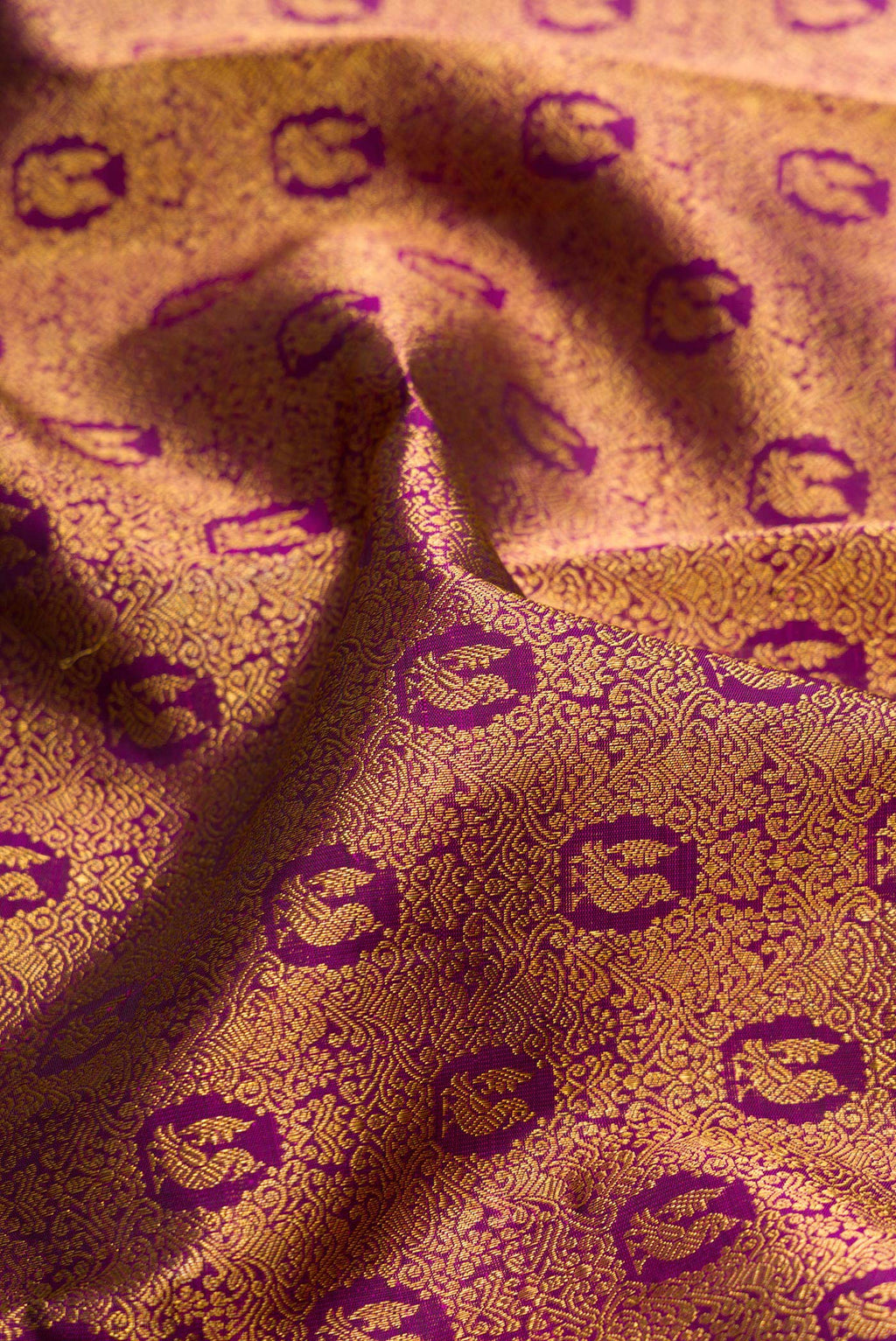 Close up of Purple Dual Tone Kanchipuram Silk Saree with Zari Brocade on the body and Zari Border.  displaying folds