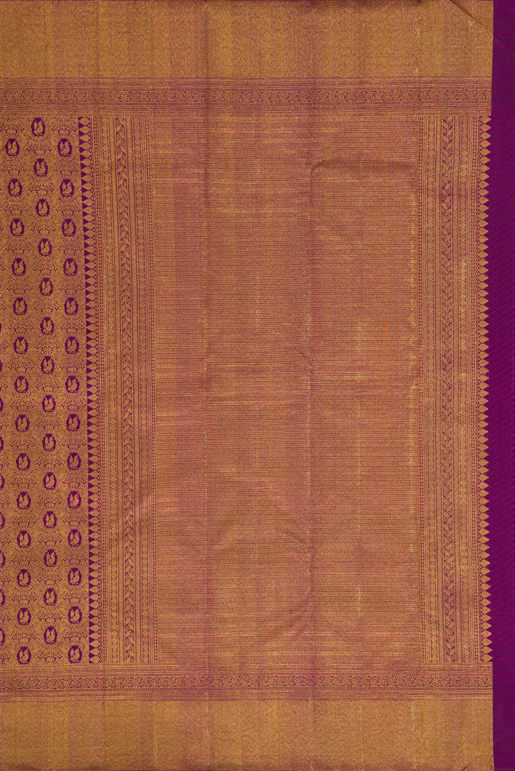 Close up image of the pallu of Purple Dual Tone Kanchipuram Silk Saree with Zari Brocade on the body and Zari Border. 