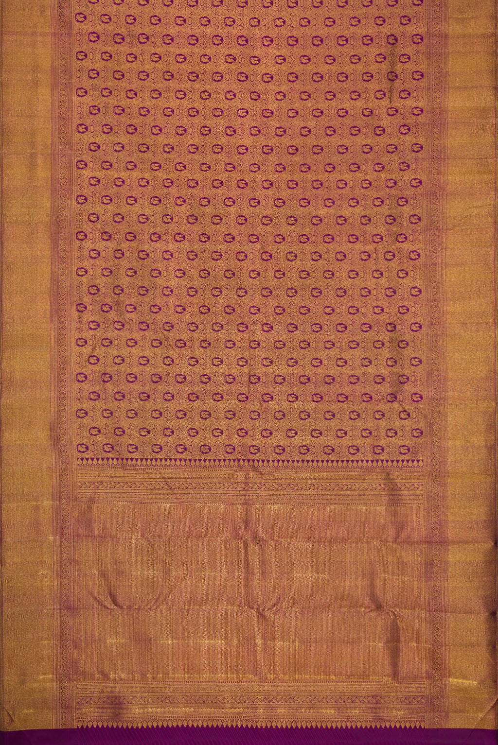 Flat view of Purple Dual Tone Kanchipuram Silk Saree with Zari Brocade on the body and Zari Border. 