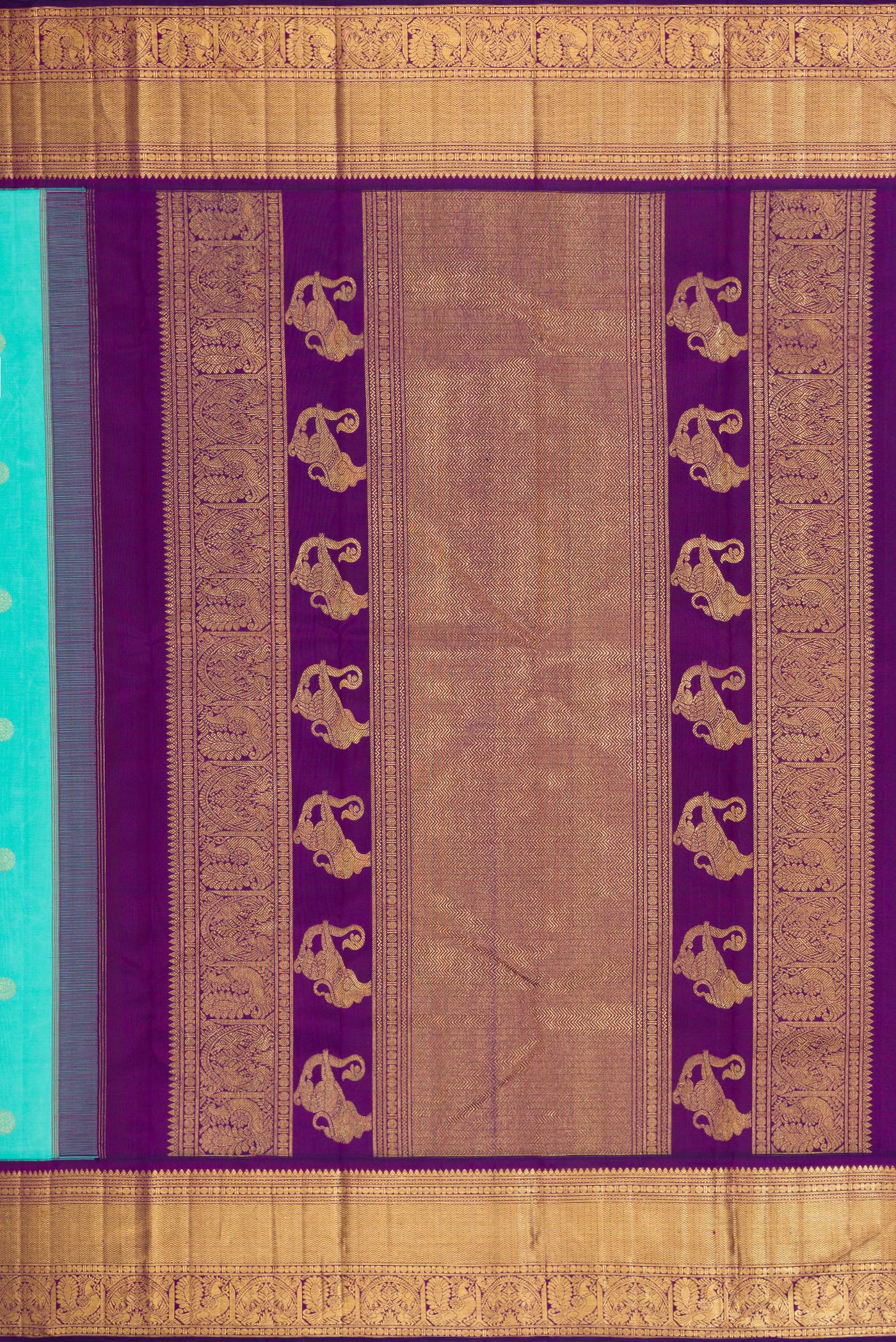 Close up image of the pallu of Sky Blue Dual Tone Kanchipuram Silk Saree with Zari Butta on the body and Zari Border. 