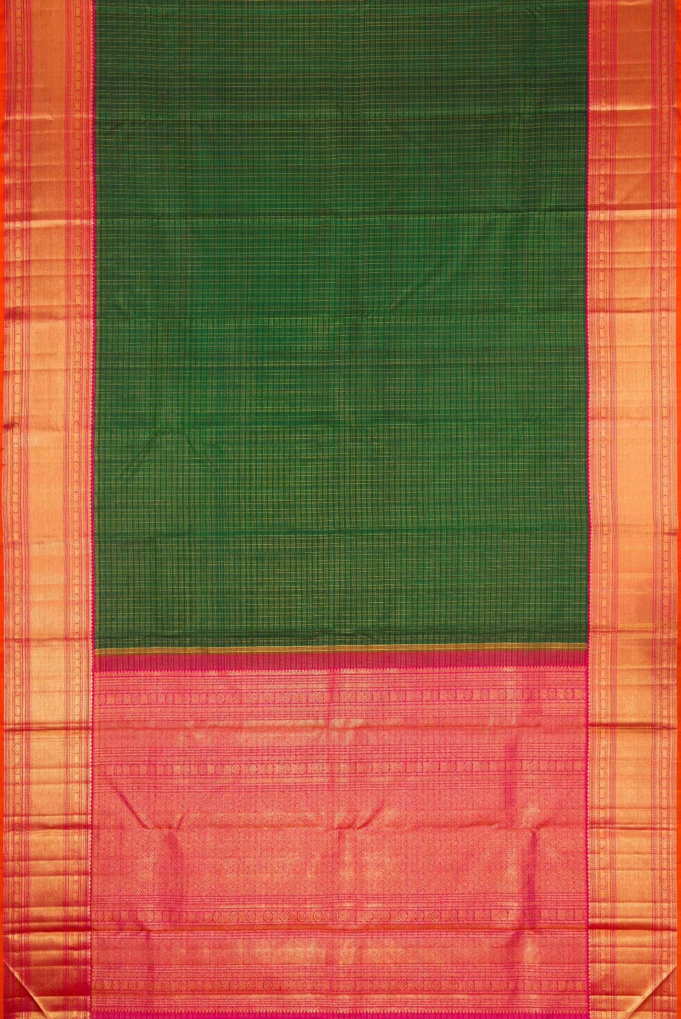 Flat view of Bottle Green Dual Tone Kanchipuram Silk Saree with Checked design on the body and Zari Border. 