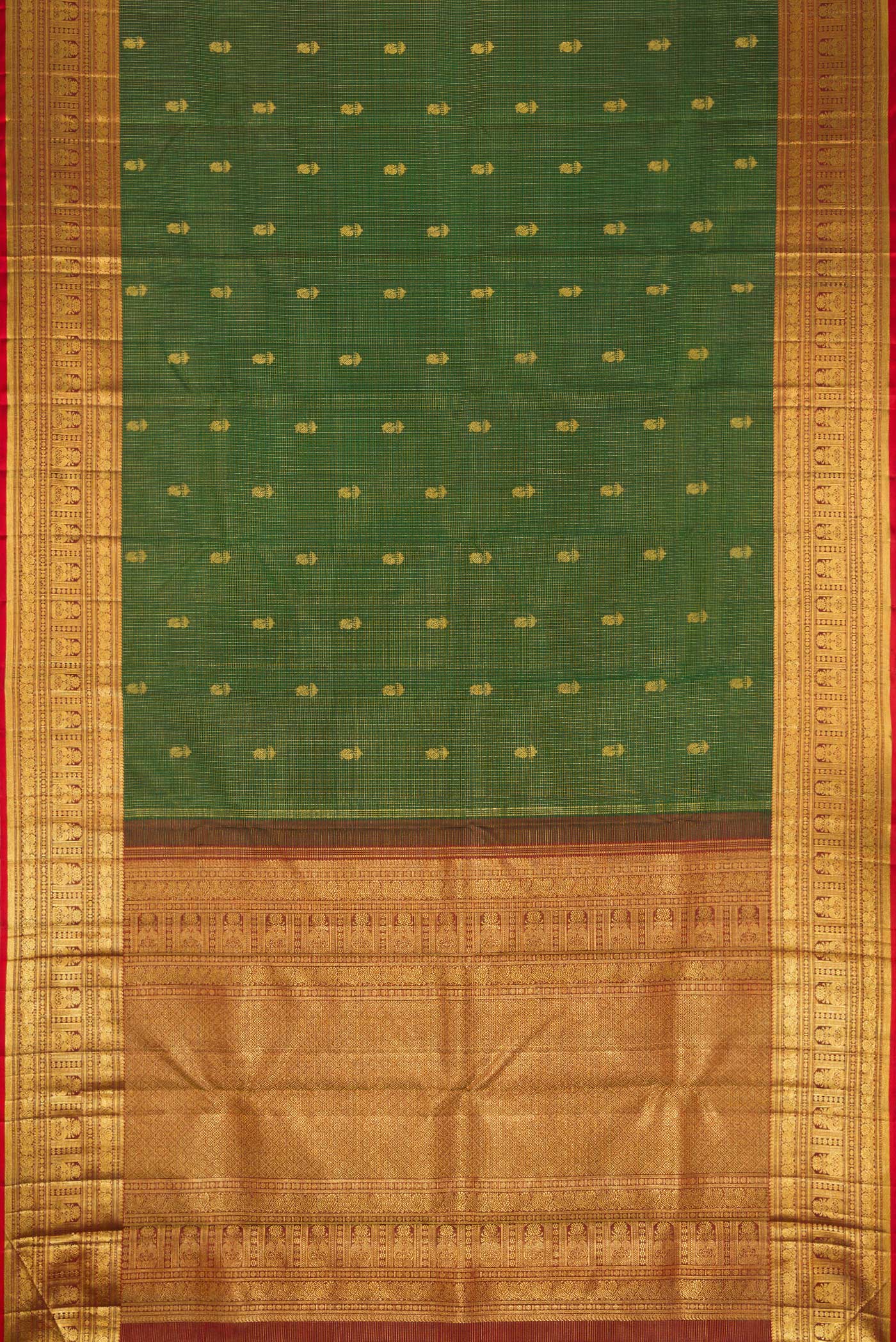 Flat view of Bottle Green Dual Tone Kanchipuram Silk Saree with Checked design on the body and Zari Border. 